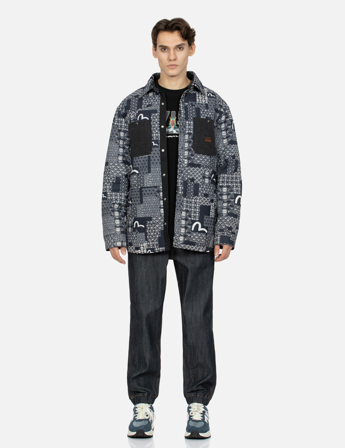 Stylish Allover Seagull & Kamon Print Loose Fit Padded Shirt Jacket - Comfortable Casual Outerwear for Men & Women | Perfect for Outdoor Activities, Travel, and Everyday Wear