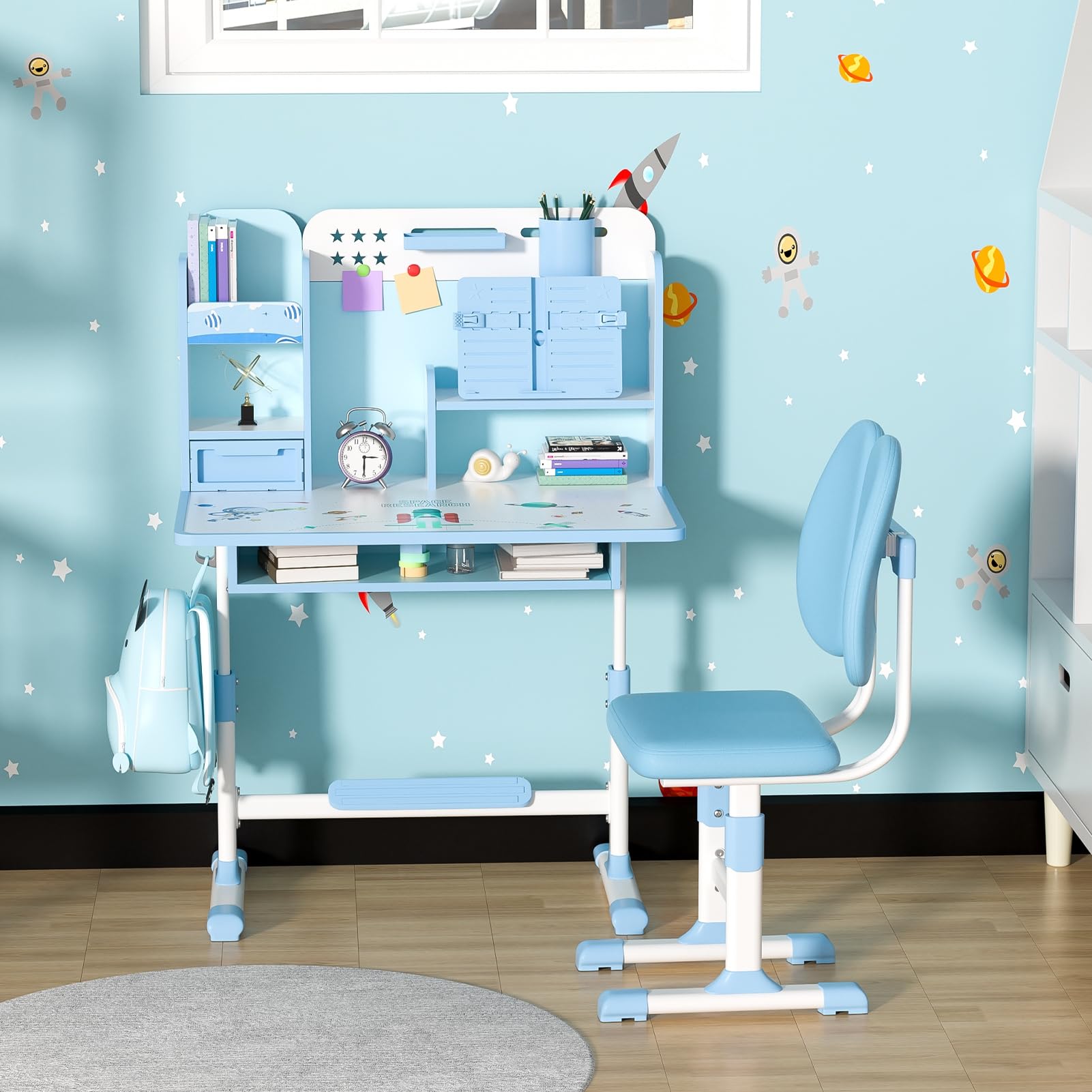 Adjustable Kids Study Desk and Chair Set with Storage Drawer & Bookstand - Ergonomic Blue Children's Learning Table for Home Schooling, Online Classes & Homework - Perfect for Small Spaces & Growing Students