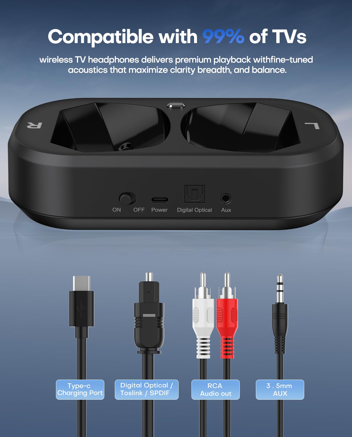 Wireless TV Headphones with LED Display & Bluetooth 5.3 - No Lip Sync Delay, Plug & Play - Includes Charging Base & Transmitter - Perfect for Seniors & Home Theater (Black) - Ideal for Late-Night Viewing & Hearing Assistance