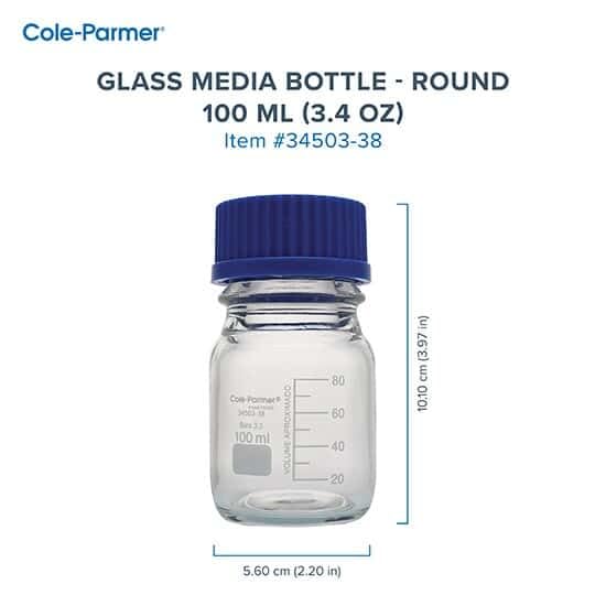 Cole-Parmer Glass Media Bottles, Class A, Round, 100 mL (3.4 oz) - Pack of 10 | Laboratory-Grade Glassware for Chemical Storage & Sample Collection | Ideal for Scientific Research, Medical Labs & Industrial Use