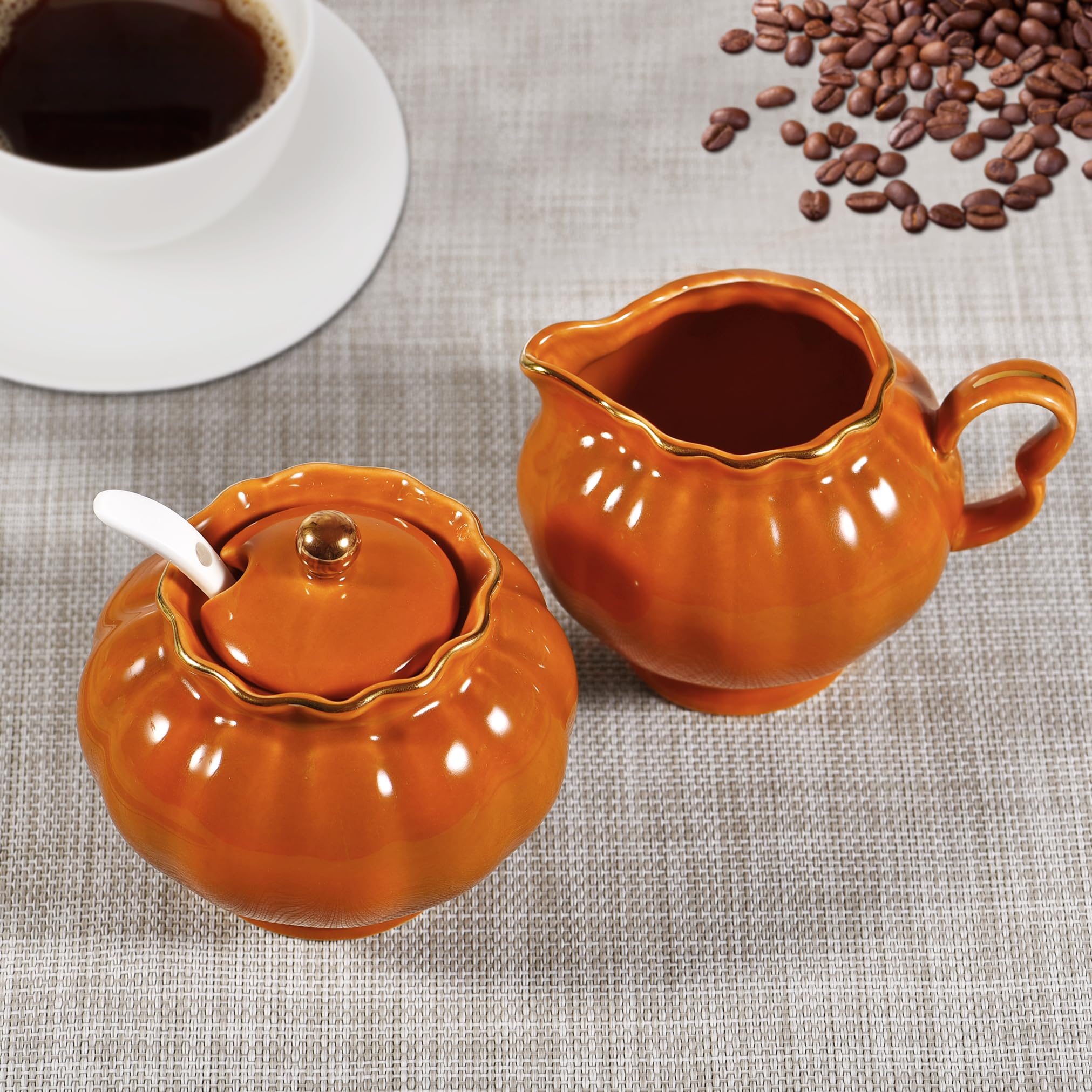 Ceramic Sugar Bowl with Lid, Milk Jug, and Spoon - 3-Piece Coffee Serving Set | Creamer & Sugar Bowl Combo | Dishwasher & Microwave Safe | Perfect for Breakfast, Tea Time & Gifting | Elegant Orange Design