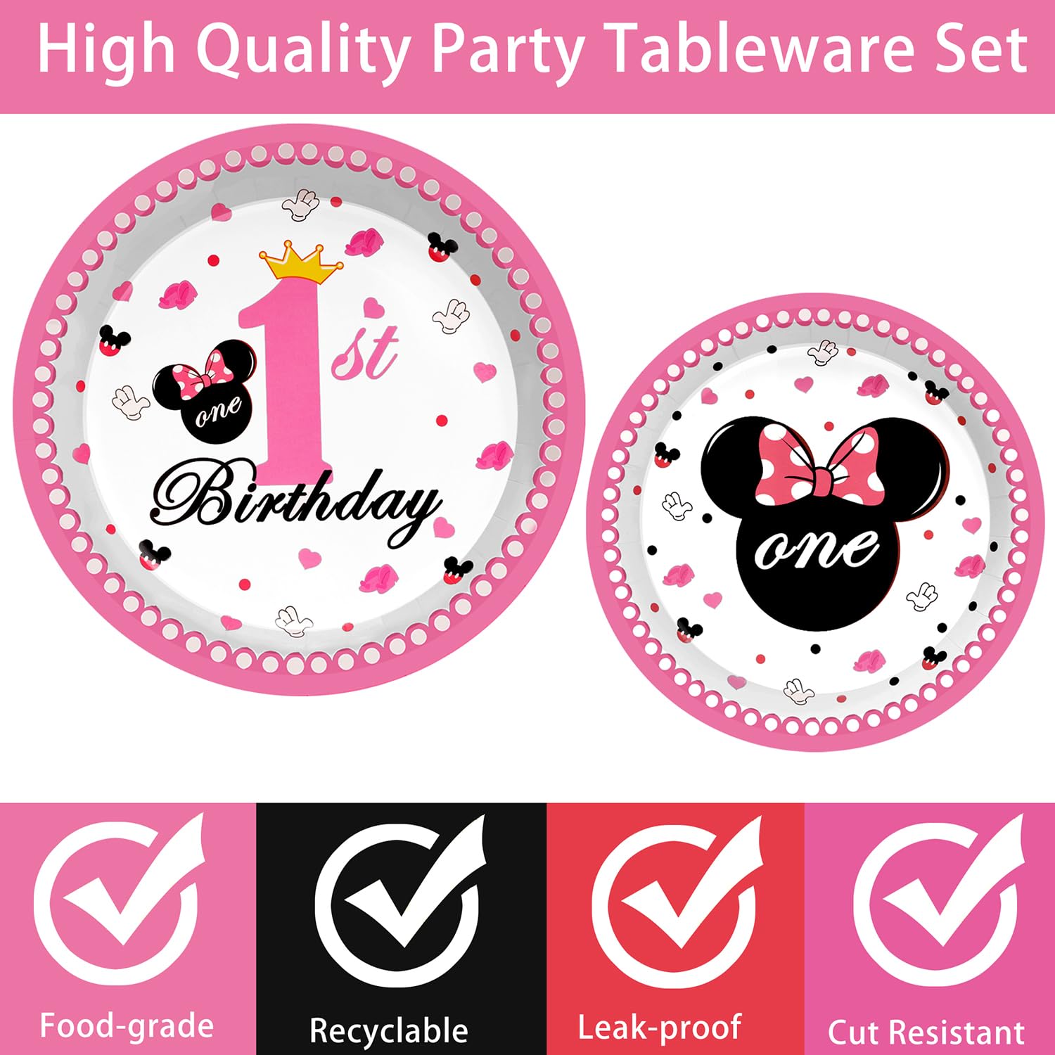96pcs Pink Minnie Mouse Party Supplies - First Birthday Decorations Set with Plates, Napkins & Forks for Girls | Perfect for Minnie Mouse Themed 1st Birthday Parties, Baby Showers & Disney Celebrations