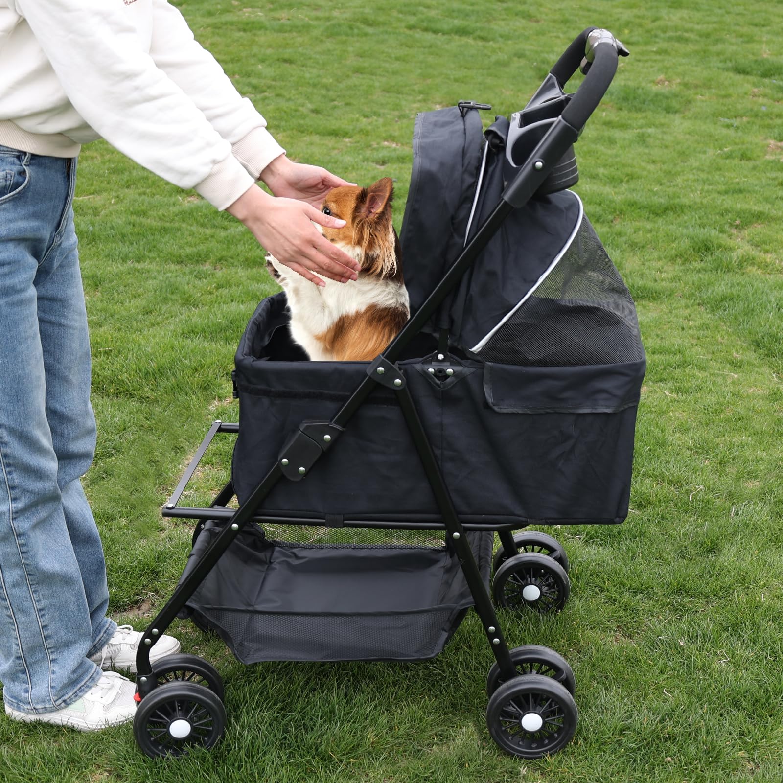Premium 4-Wheel Pet Stroller for Small & Medium Dogs & Cats Up to 30lbs - Foldable Design with Storage Basket & Cup Holder (Black) - Perfect for Vet Visits, Shopping Trips & Outdoor Adventures