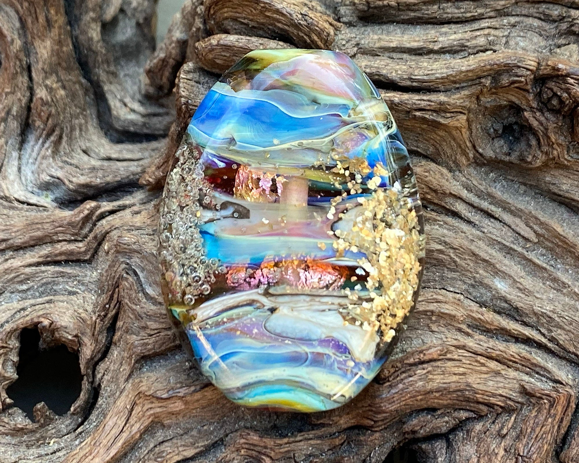 Blue Gold Mica Organic Lampwork Focal Bead SRA - Handmade Glass Bead for Jewelry Making, DIY Crafts & Beading Projects