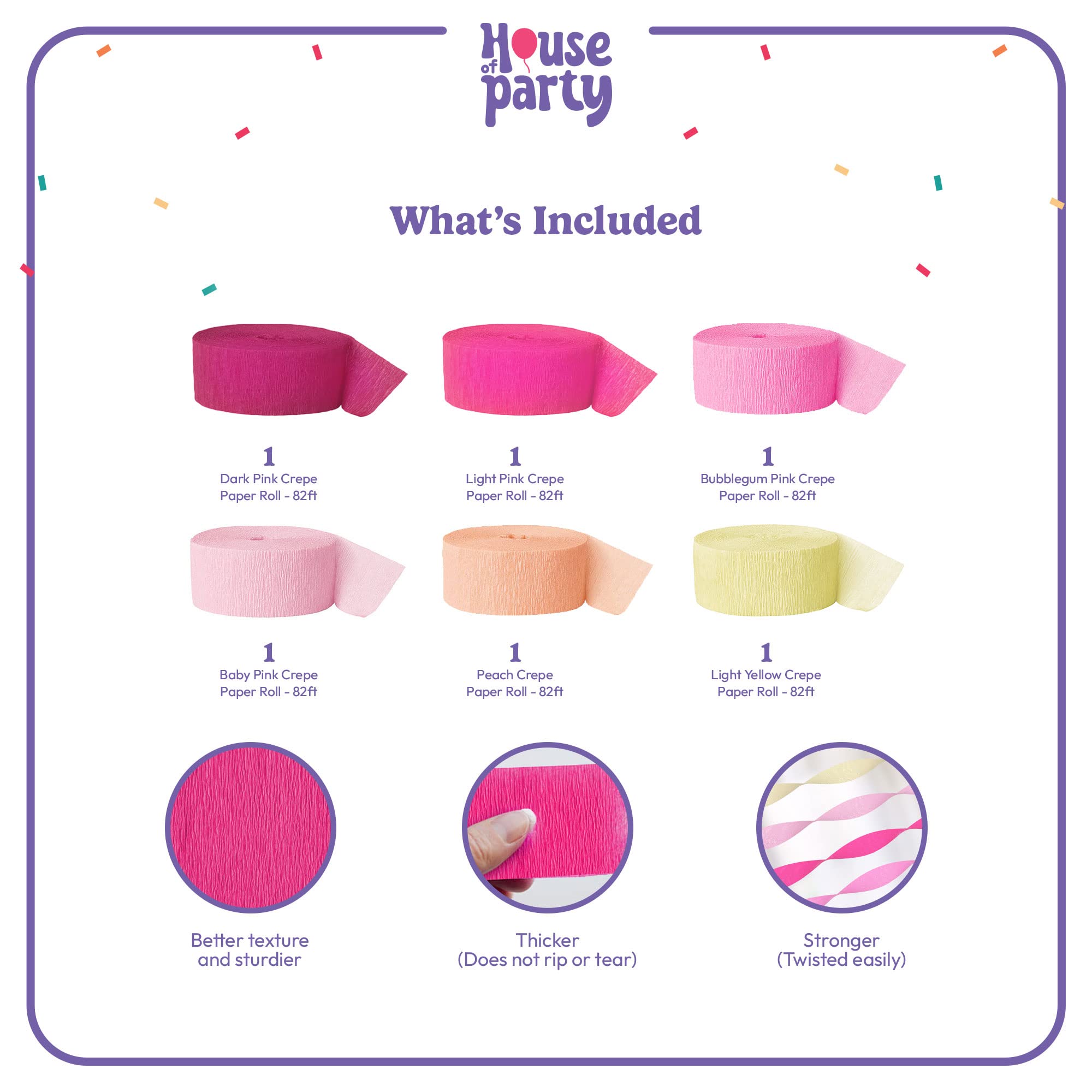 HOUSE OF PARTY Pretty in Pink Crepe Paper Streamers - 6 Rolls (492ft Total) 1.8