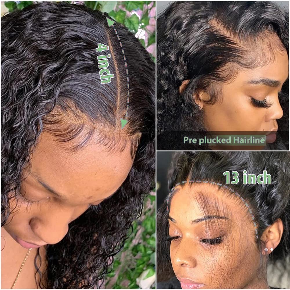 Aomllute 13x4 HD Deep Wave Lace Front Wigs Human Hair - Pre Plucked Curly Human Hair Lace Frontal Wigs for Women - 180% Density Glueless Wig with Baby Hair - 26 Inch Natural Black (Perfect for Daily Wear, Cosplay & Special Occasions)