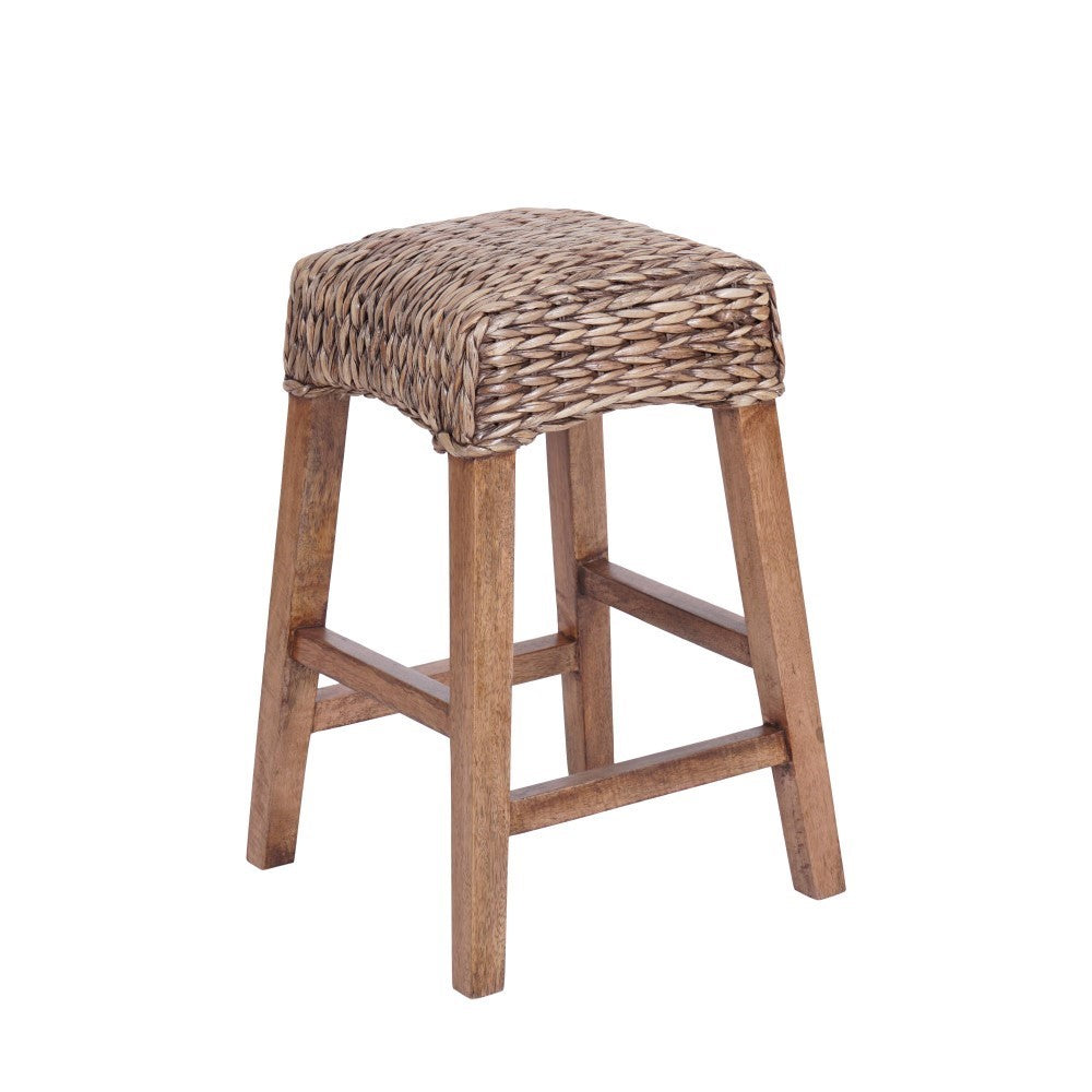 Bohemian Hyacinth & Wood Backless Counter Stool - Rustic Maui Style Bar Stool for Kitchen Island, Breakfast Nook & Outdoor Dining