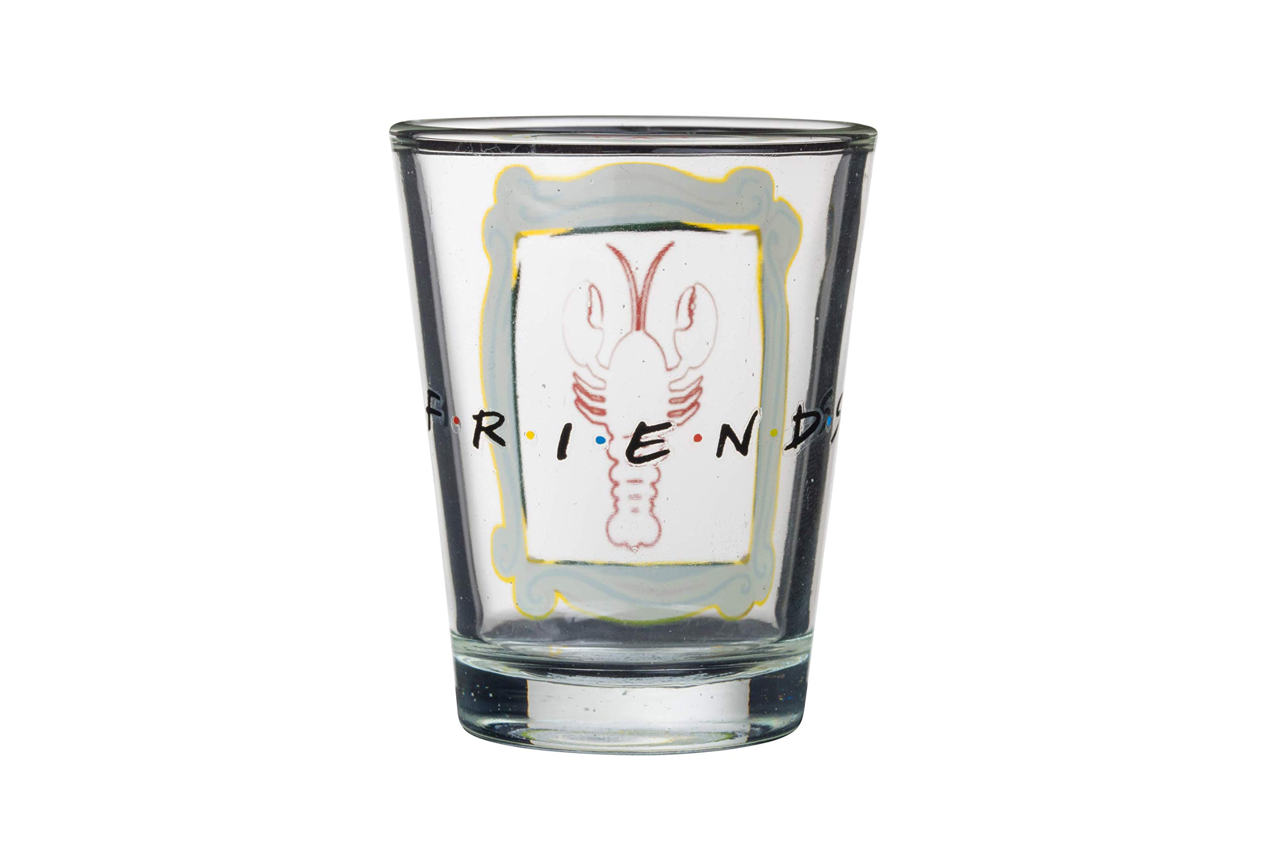 Friends TV Show Mini Glasses 4-Pack – Iconic Lobster, Smelly Cat, Regina Phalange & Central Perk Couch Designs in Yellow Frame (1.5 oz) – Perfect for Themed Parties, Collectibles & Fan Gifts