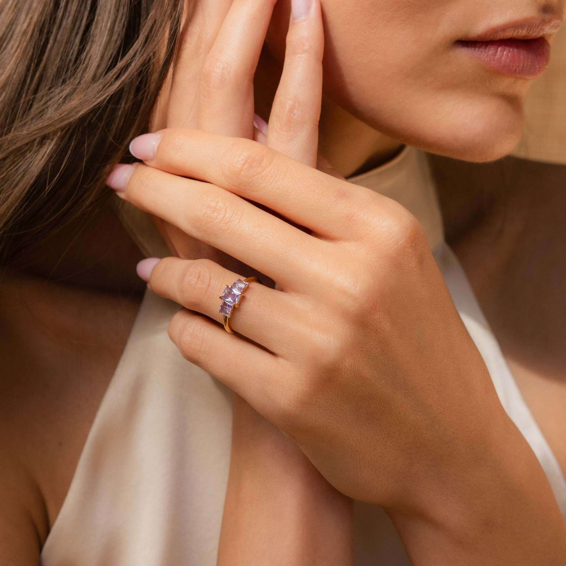 Dainty Baguette Birthstone Row Band Ring | JPF01 | Elegant Stackable Jewelry for Women | Perfect for Birthdays, Anniversaries & Everyday Wear