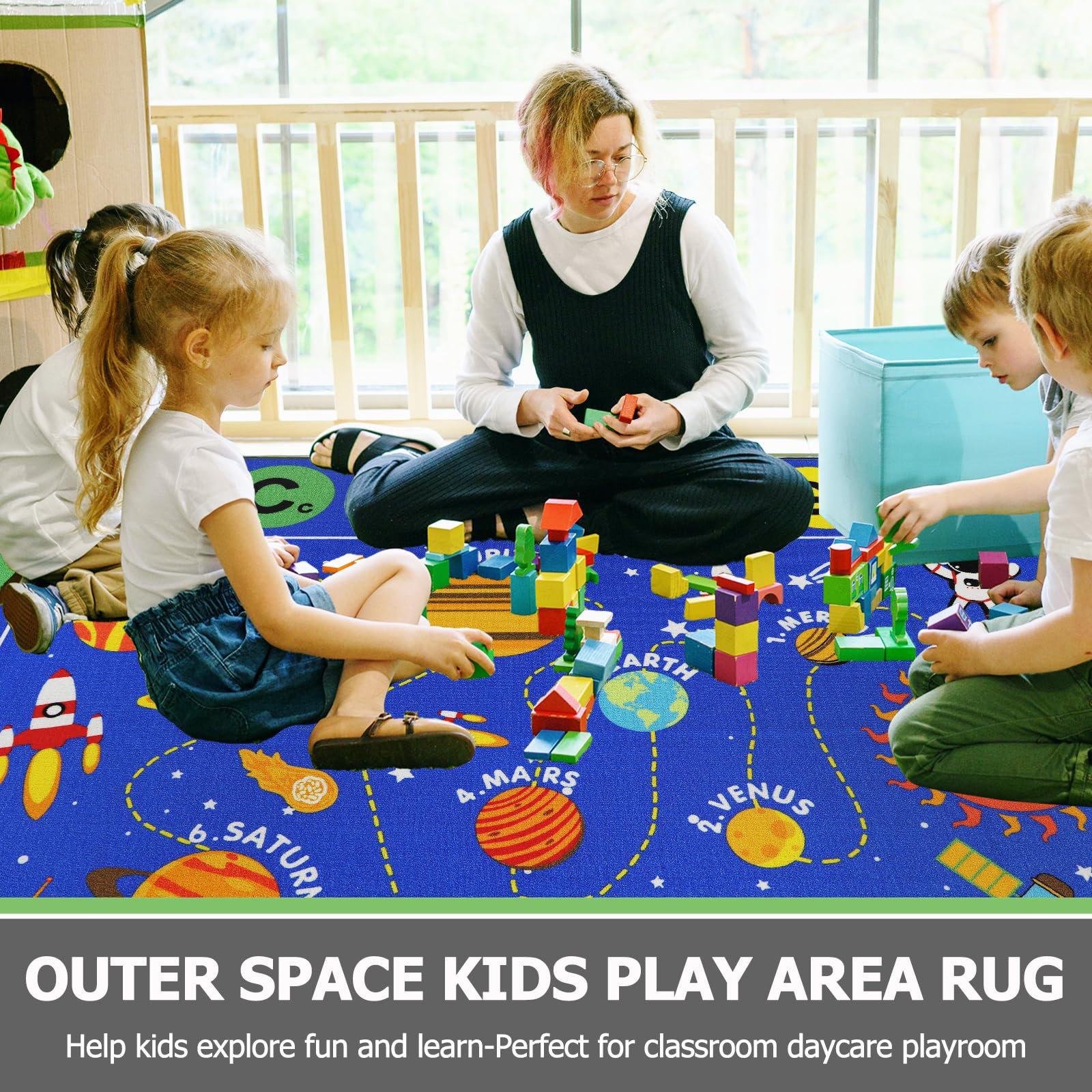 Blue Outer Space Educational Kids Rug 6.6'x9.8' - Non-Slip ABC Alphabet & Planets Play Mat for Classroom, Nursery, Toddler Room & Living Room - Perfect for Learning, Playtime & Decoration