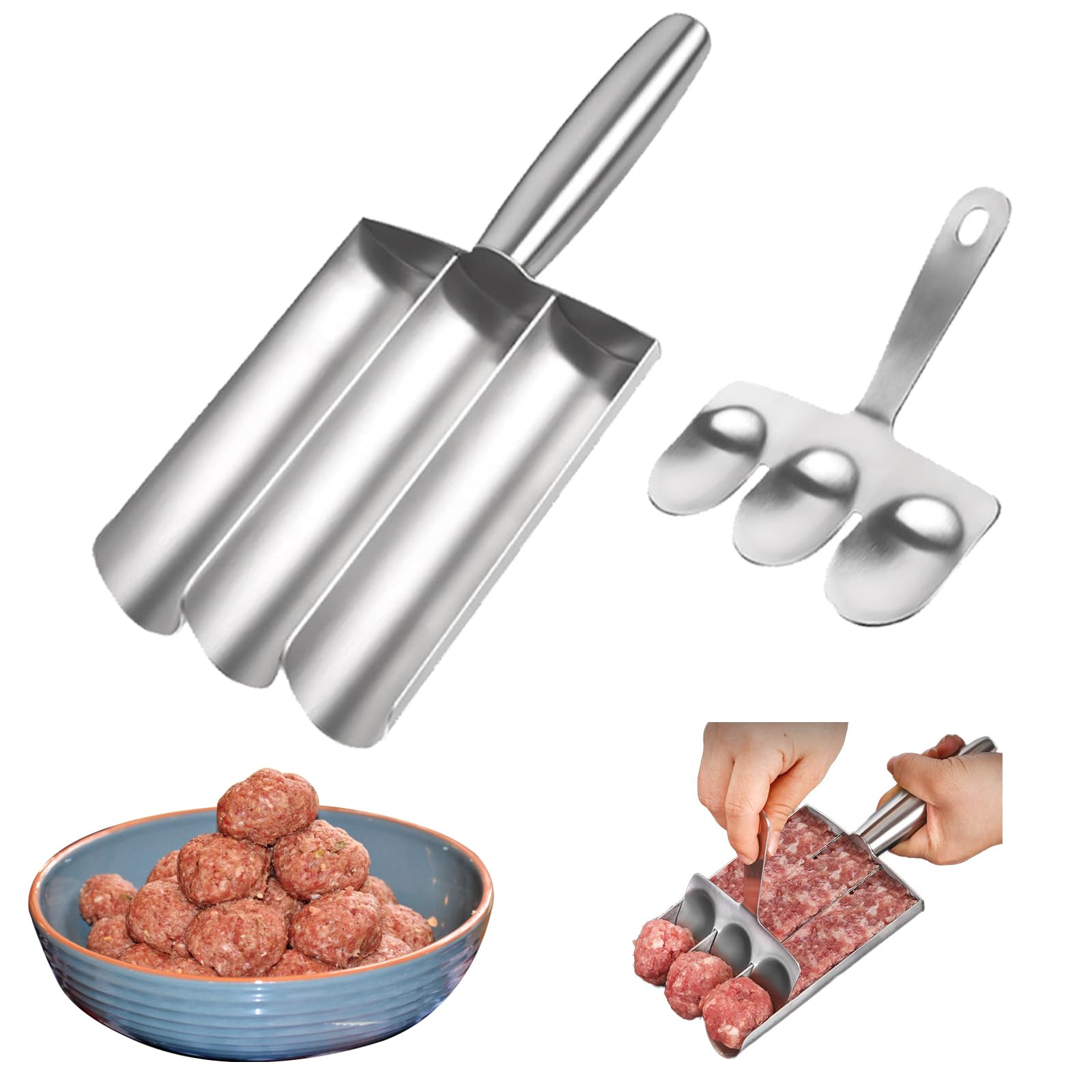 Stainless Steel Triple Meatball Maker with Non-Stick Mold & Cutting Spade - Manual DIY Cooking Tool for Quick Homemade Meatballs | Perfect for Italian Dishes, Meal Prep & Party Snacks