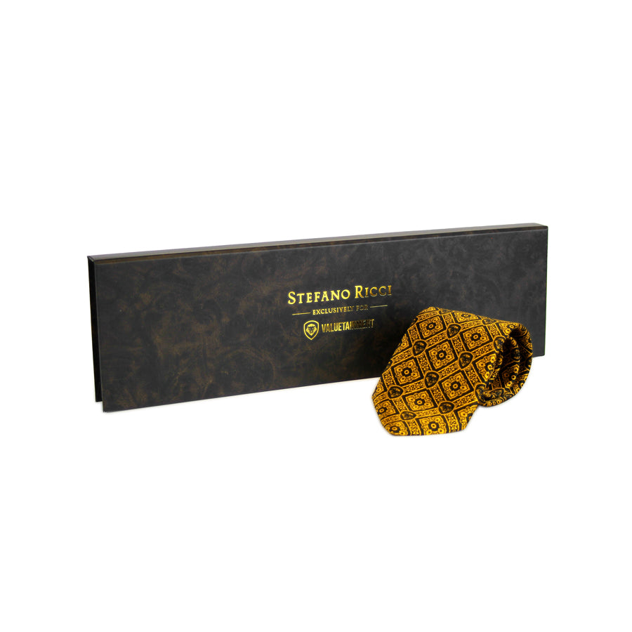 Limited Edition Stefano Ricci Yellow & Black Diagonal Lion Shield Pattern Luxury Tie – Only 1 of 50 – Perfect for Business Meetings & Formal Events