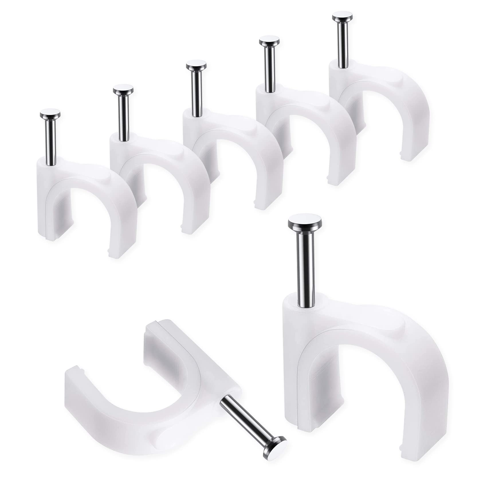 100-Pack 10mm White Cable Clips with Steel Nails - Heavy Duty Wire Organizer for RG6/RG59/CAT6/RJ45 Cables - Perfect for Home Office, TV Setup & Computer Cable Management