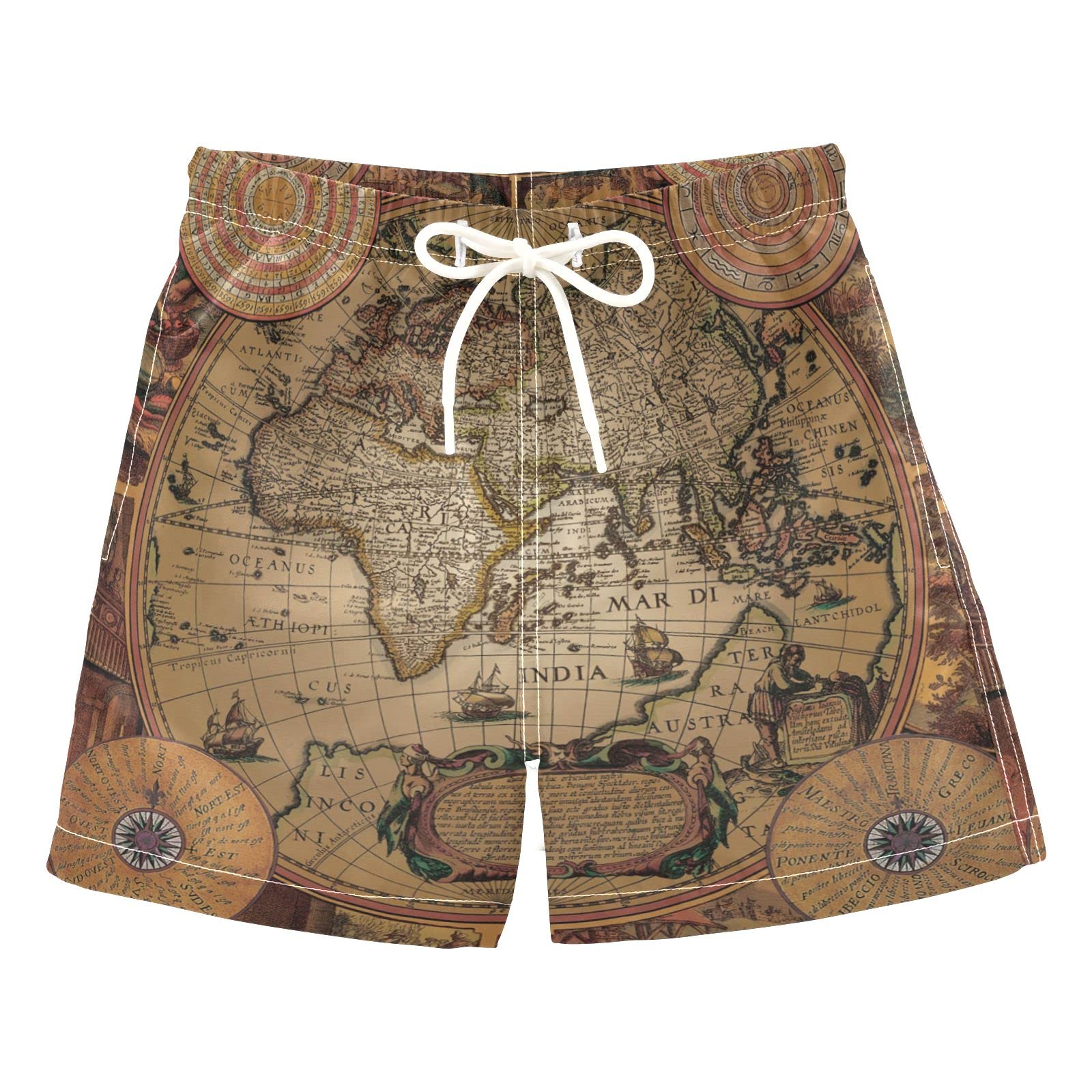 AMICHIC Boys' Quick Dry Swim Trunks with Vintage Map Print - Toddler Swimwear for Kids 2-8 Years | Beach, Pool & Summer Water Activities