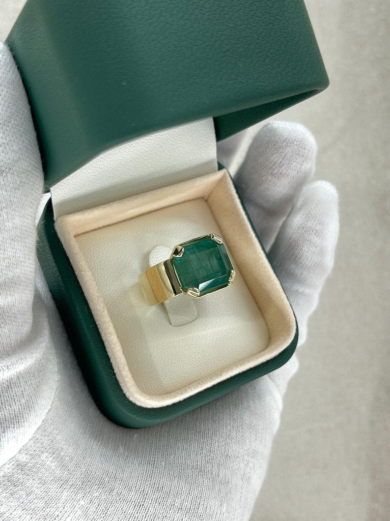10.04ct Emerald Cut Solitaire Ring for Men - 14K Gold Wide Band Unisex Pinky Ring - Perfect for Weddings, Engagements & Special Occasions