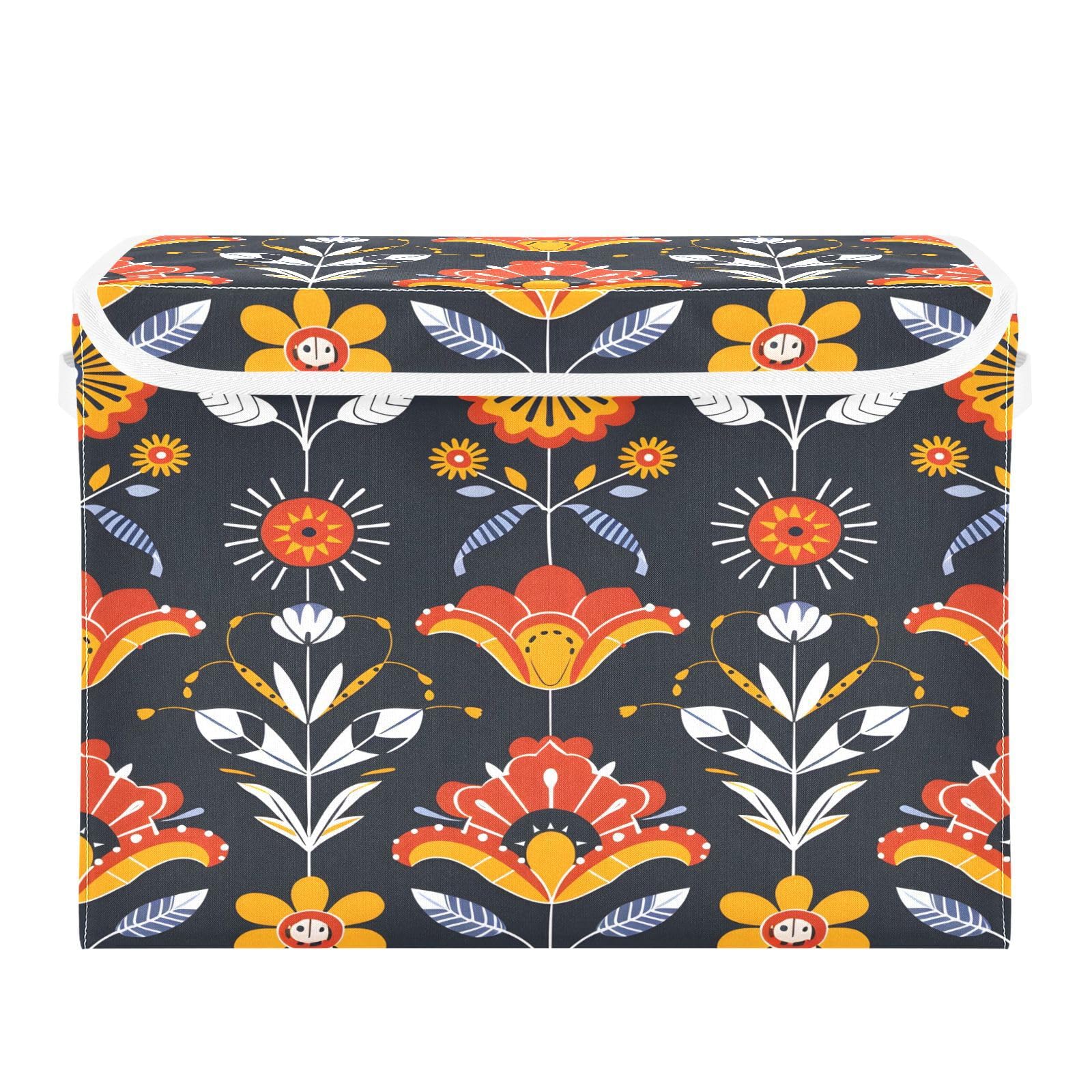 Floral Pattern Fabric Storage Bins with Lids - Foldable Collapsible Organizer Containers for Home, Bedroom, Closet & Office - Perfect for Seasonal Decor, Laundry, and Toy Storage