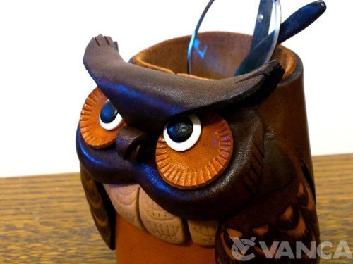VANCA Handmade Owl Genuine Leather Eyeglasses Holder & Stand - Japanese Crafted Animal Glasses Organizer for Desk, Nightstand & Travel Accessories
