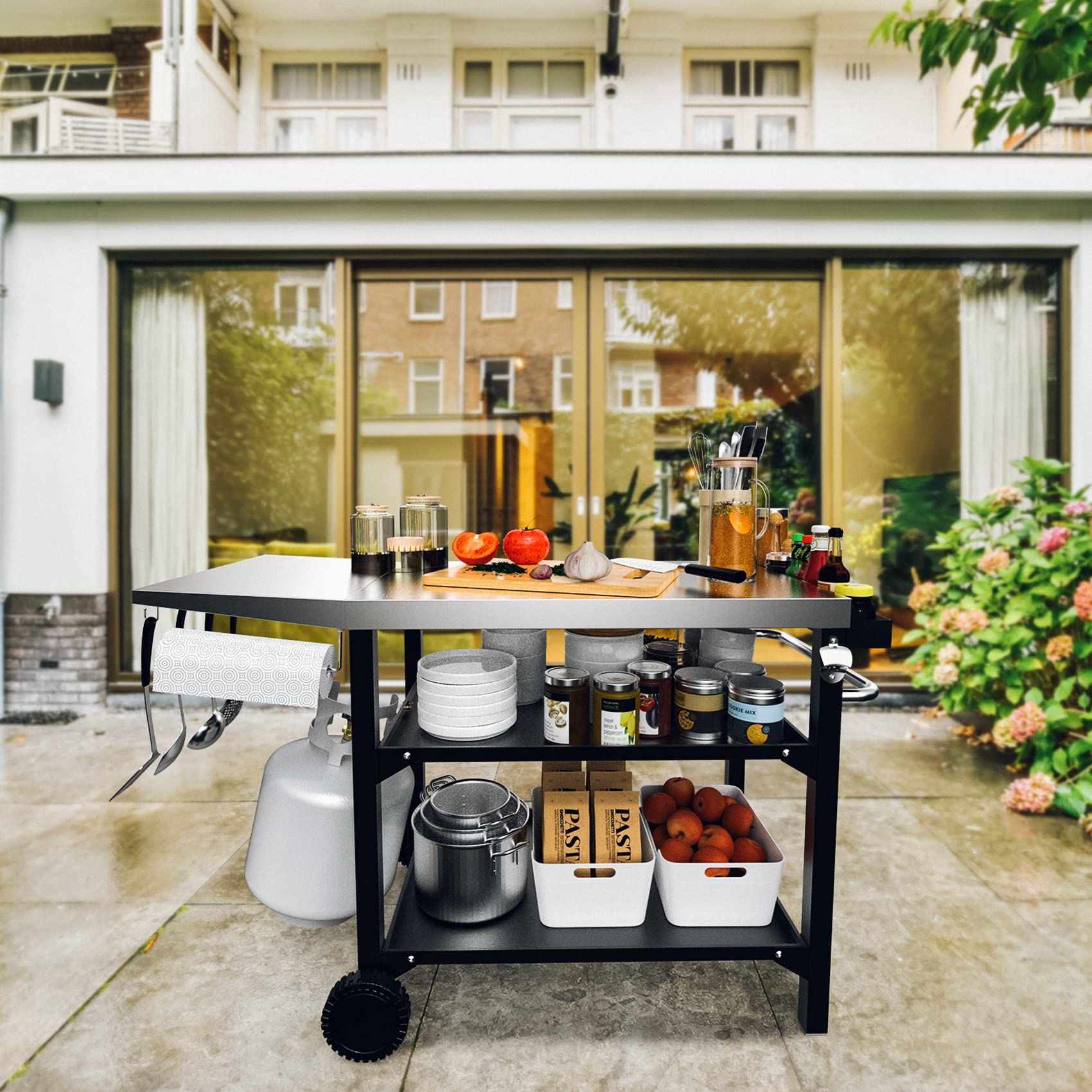 **Skyflame Portable Outdoor Dining Cart with 3-Tier Stainless Steel Shelves – Heavy-Duty BBQ Grill Cart, Mobile Food Prep Table with Wheels for Kitchen, Pizza Oven, Patio & Backyard Grilling – Perfect for Outdoor Cooking, Entertaining & Camping**