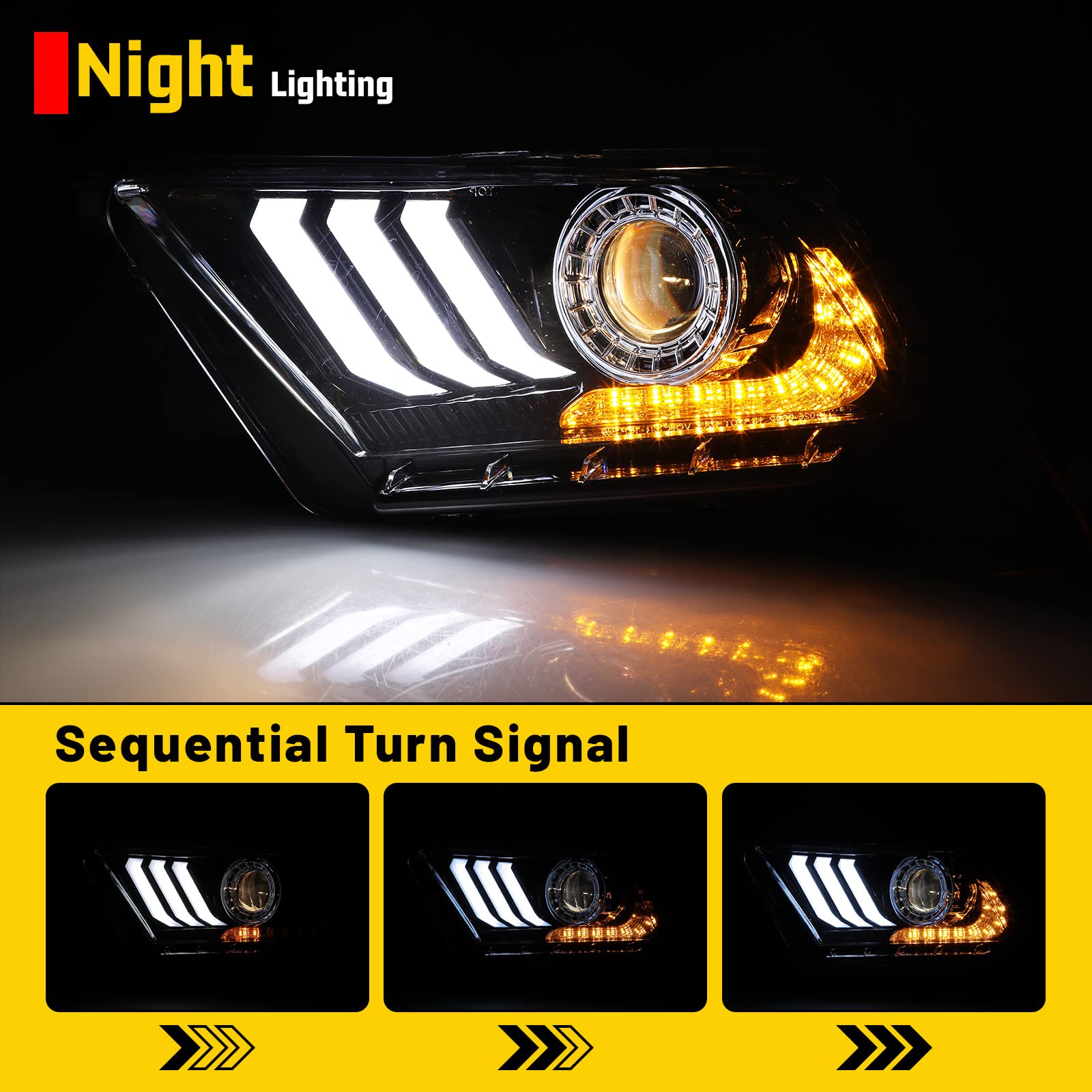 Ford Mustang 2010-2012 Halogen Headlights Replacement - Dynamic Turning Lights, Complete Headlight Assembly for Improved Night Driving | Perfect for Daily Commute & Road Trips