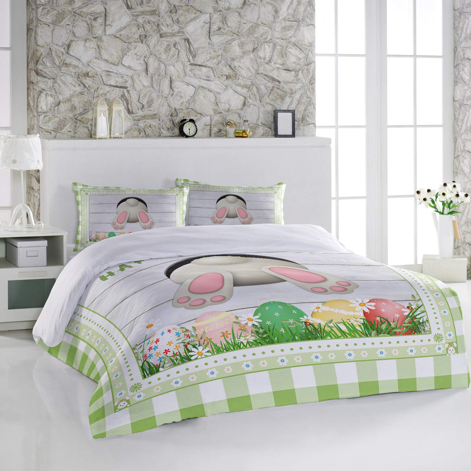 Easter Queen 3-Piece Bunny Tail Egg Duvet Cover Set - Super Soft Breathable Bedding with Floral Green Plaid & White Plank Design - Machine Washable Quilt Cover & Pillowcases for Bedroom, Guest Room - Perfect for Spring Decor, Easter Celebrations & Cozy Home Styling