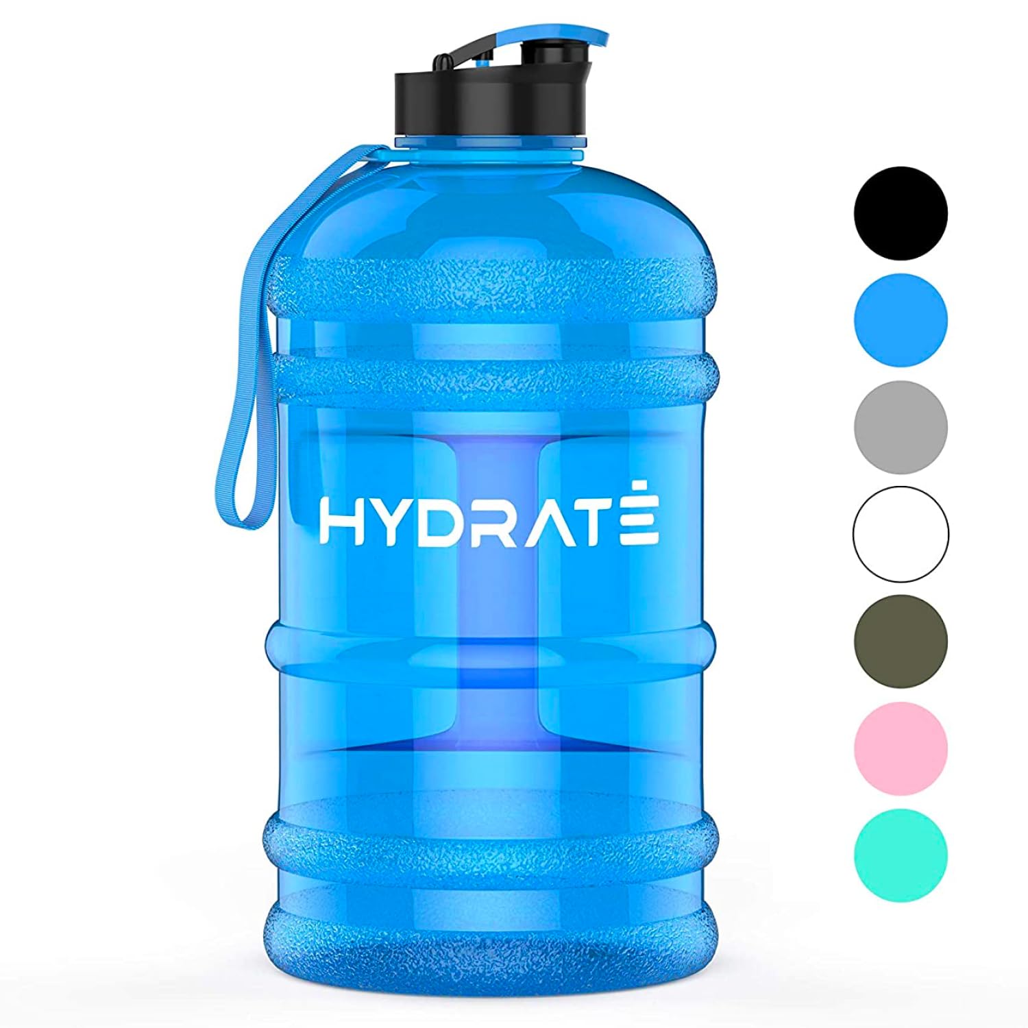 HYDRATE 2.2L Half Gallon Water Bottle for Men - BPA Free Large Sports Jug with Leak Proof Flip Cap & Silicone Seal - Reusable Gym & Workout Water Bottle - Perfect for Hydration at Gym, Hiking, Running & Outdoor Activities - Blue