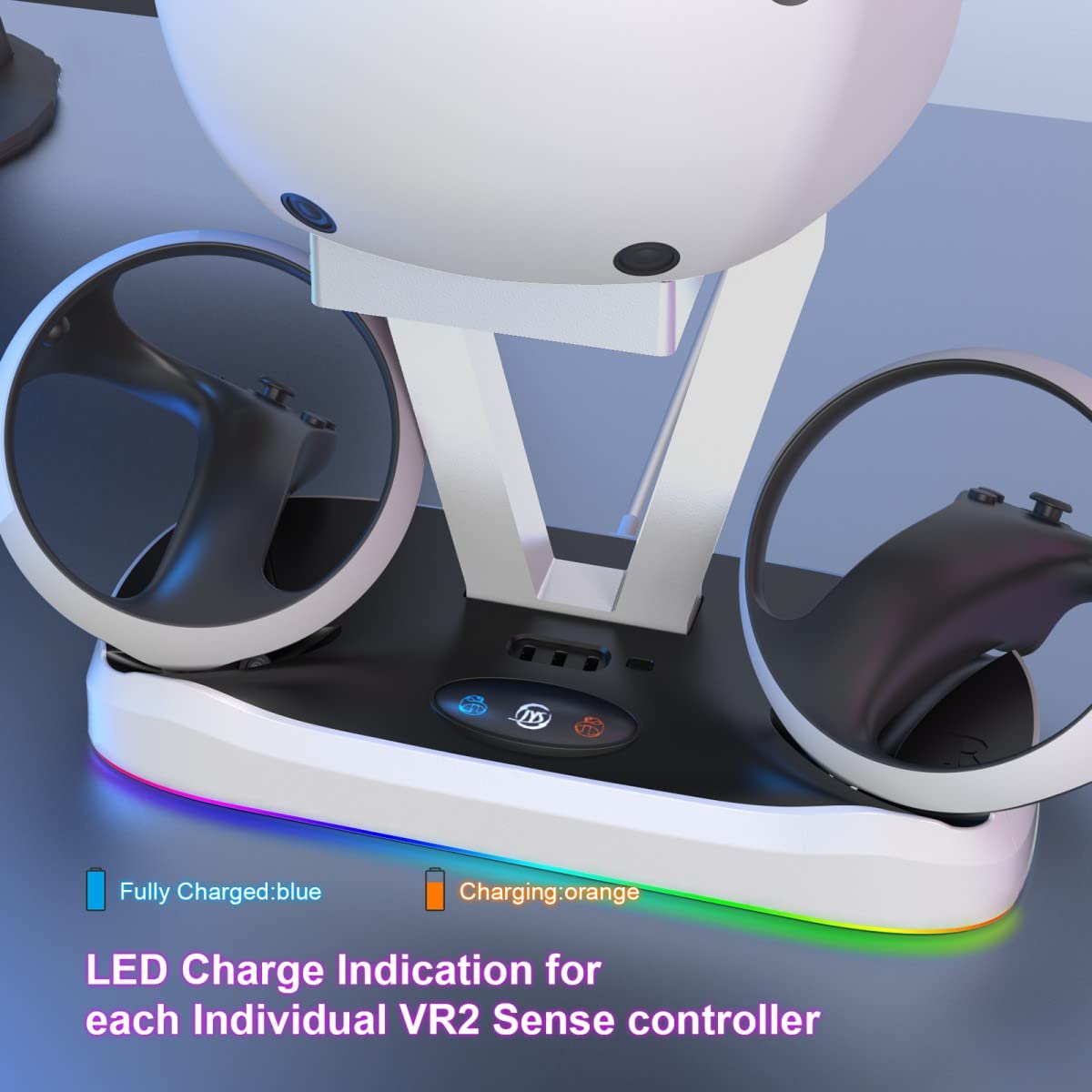 EMEBAY RGB Light Charging Station & Stand for PS VR2 - Dual Controller & Headset Charger with LED Indicators - Compatible with Play*Station PS VR2 - Perfect for Gaming Setup & VR Accessories Organization