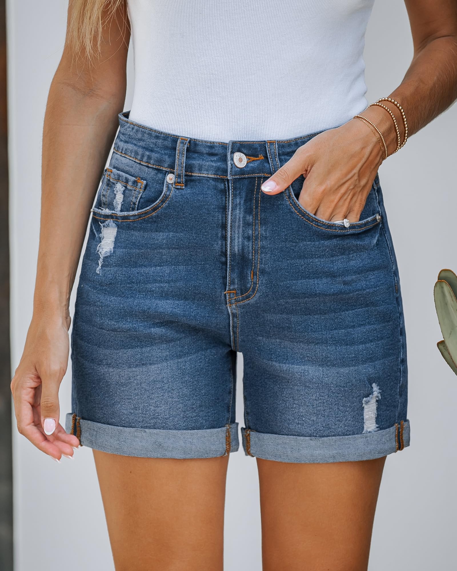 LookbookStore Women's Stretchy High Waisted Ripped Denim Shorts with Pockets - Trendy Distressed Cut Off Jean Shorts for Summer Outfits & Casual Wear