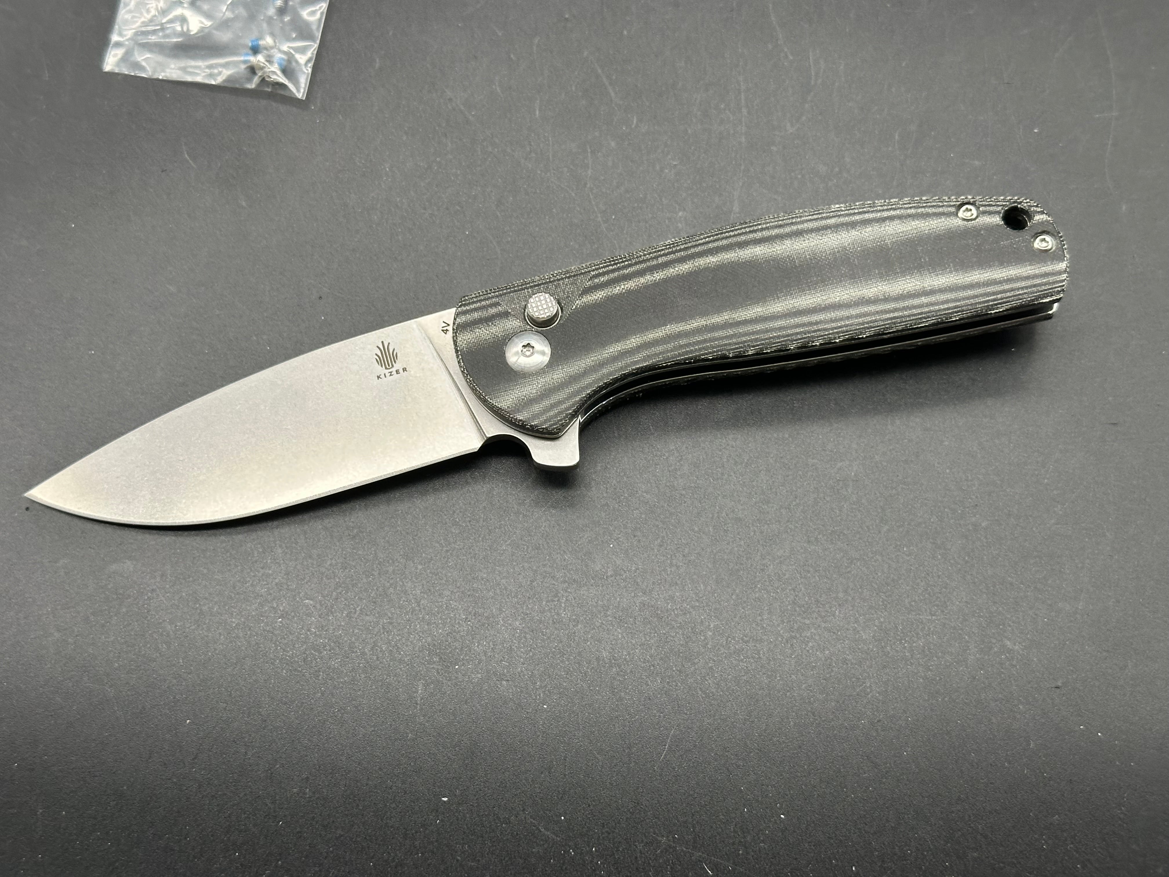 Kizer Cutlery Vanguard Ray Laconico Gemini Button Lock Flipper Knife - CPM 4V Steel Blade, Black Linen Micarta Handles - EDC Pocket Knife for Outdoor, Camping & Everyday Carry