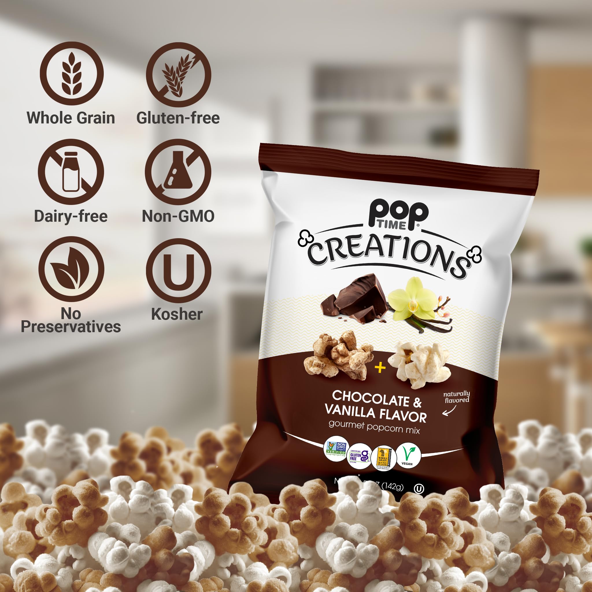 Poptime Creations Chocolate & Vanilla Flavored Popcorn - 6 Pack (5 Oz Bags) | Non-GMO, Gluten-Free, Vegan, Kosher Snacks | Whole Grain Healthy Treat for Movie Nights, Parties & Gifts