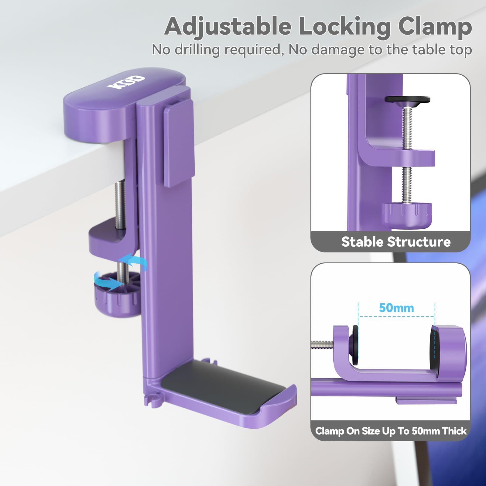 2 in 1 Rotatable Under Desk Headphone Hanger & Cup Holder - Space Saving Desk Clamp Mount for Headset and Coffee/Water Mugs - Perfect for Gaming, Office & Home Workspace (Purple)