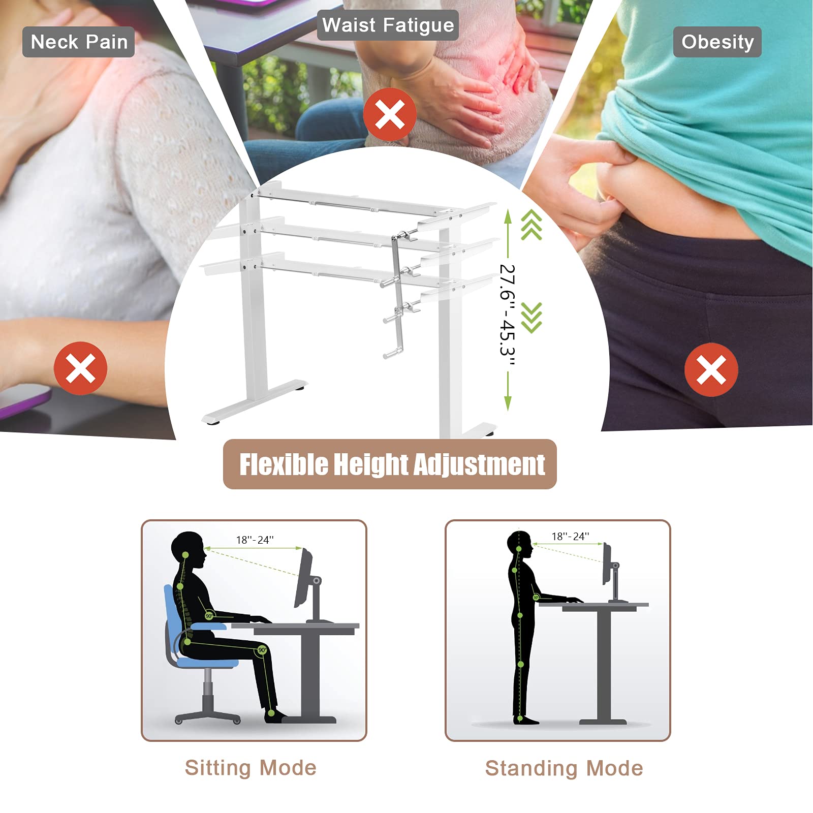 Tangkula Manual Height Adjustable Standing Desk Frame - Ergonomic Hand Crank Sit Stand Workstation with Cable Management Tray & Headphone Hook - Perfect for Home Office, Study & Workspace Productivity