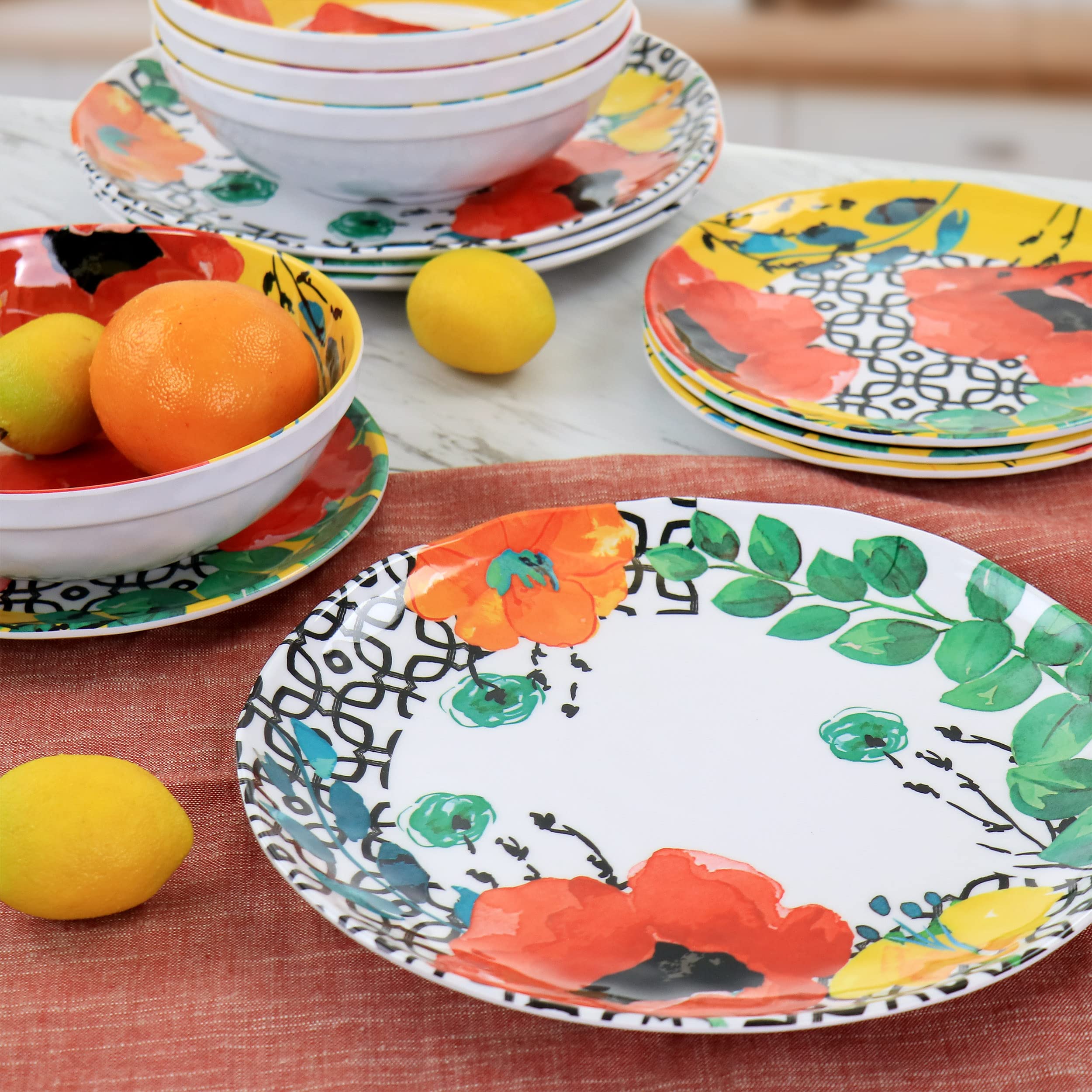 Elama Grace 12-Piece Melamine Dinnerware Set - Durable & Colorful (Red/Yellow/Green/Blue) - Perfect for Outdoor Dining, Picnics, Camping & Beach Parties