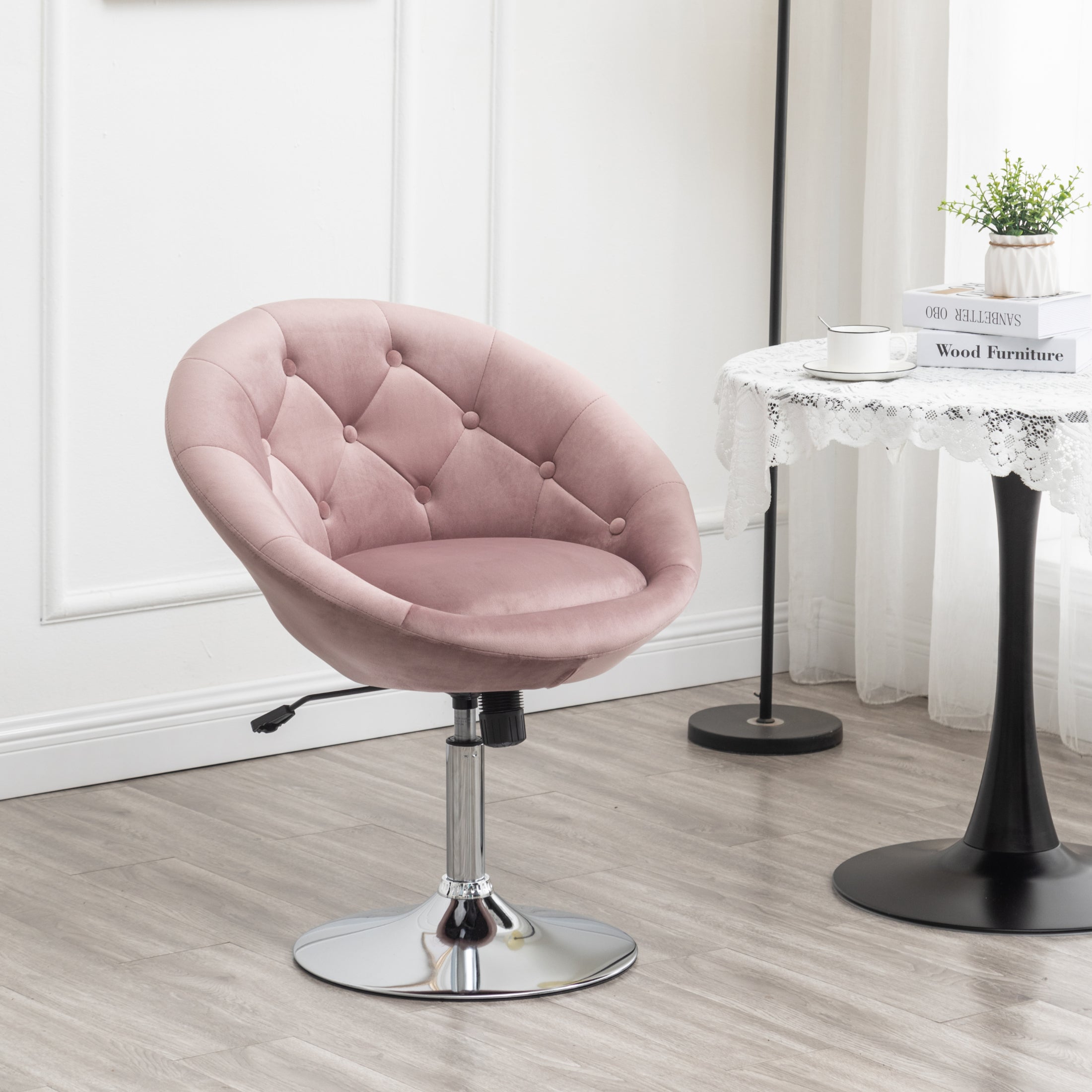 Roundhill Furniture Noas Velvet Upholstered Tufted Back Swivel Accent Chair - Soft Mauve Velvet Living Room Chair with 360° Rotation for Bedroom, Office & Lounge Comfort