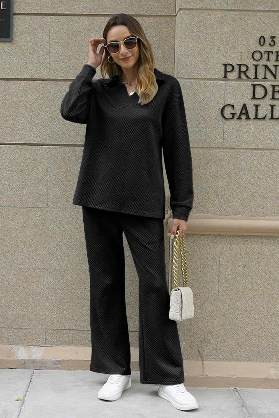 Women's Lounge Sets - 2 Piece Textured Sweatsuit with Polo Sweatshirt & Wide Leg Sweatpants with Pockets | Comfortable Outfit for Home, Yoga, Travel & Casual Wear