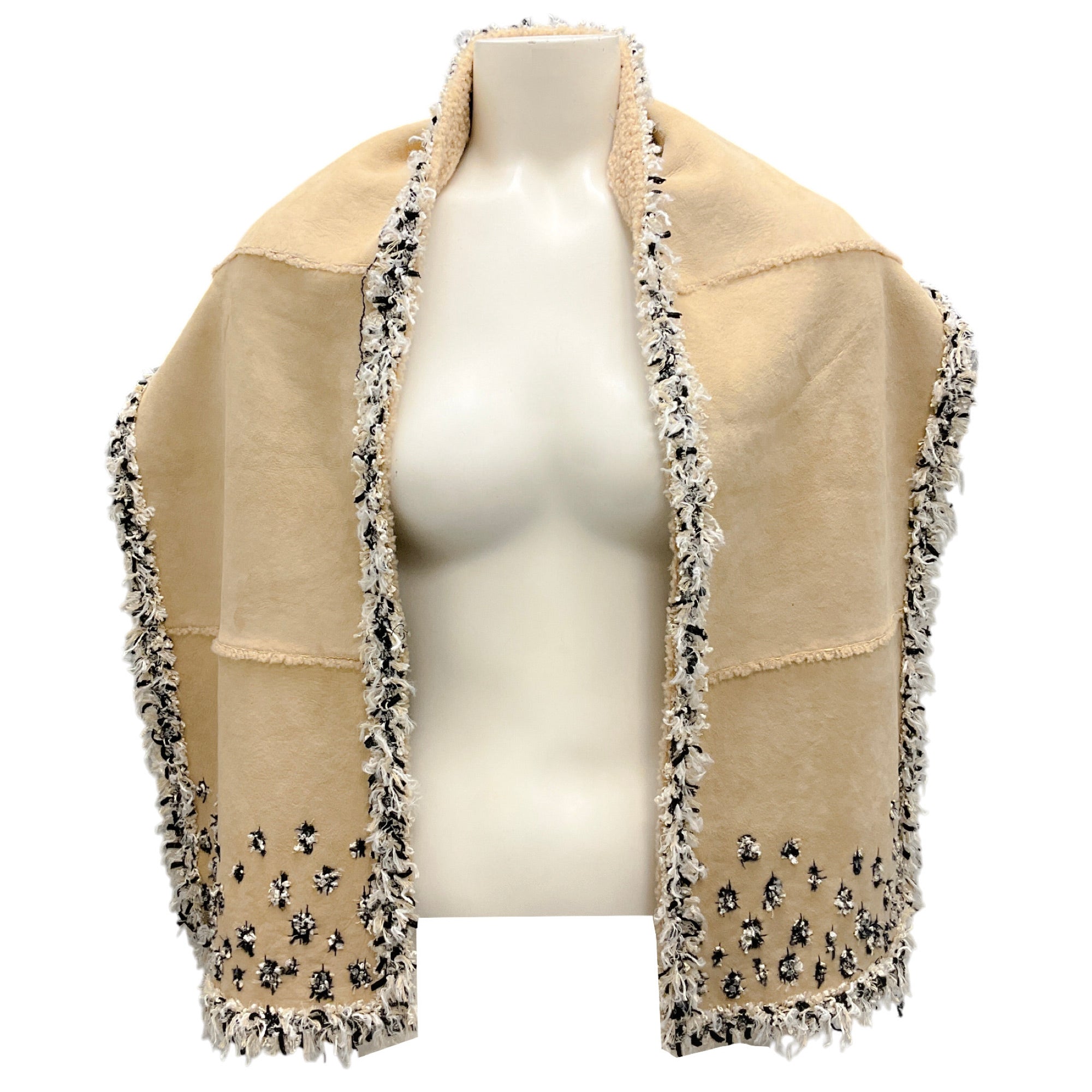 Chanel Beige 2005 Tweed Trimmed Lamb Shearling Scarf - Luxury Winter Accessory for Women, Perfect for Cold Weather & Fashion Outfits