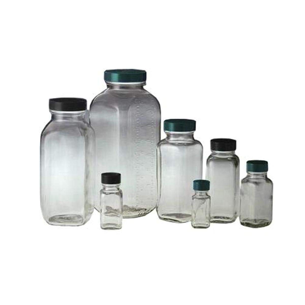GLC-01334 8 oz Clear French Square Glass Bottles with 43-400 Green Thermoset F217 & PTFE Lined Cap (Pack of 84) - Ideal for Essential Oils, DIY Beauty Products, and Laboratory Storage