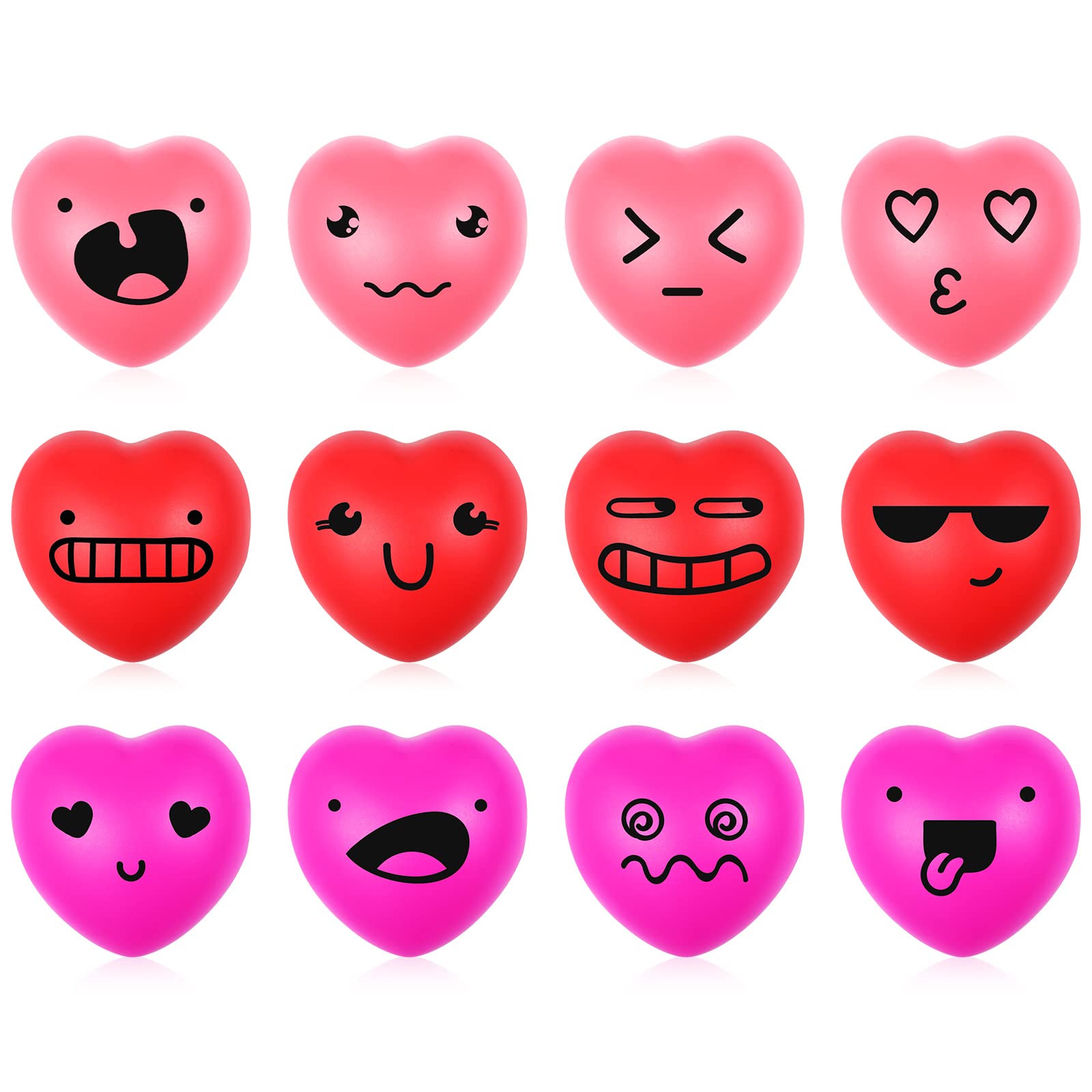 Gejo 12-Pack Heart Stress Balls - 3 Inch Valentine's Day Stress Relief Foam Balls with Smile Faces in Red, Rose Red & Pink - Perfect for Office, Classroom & Party Favors