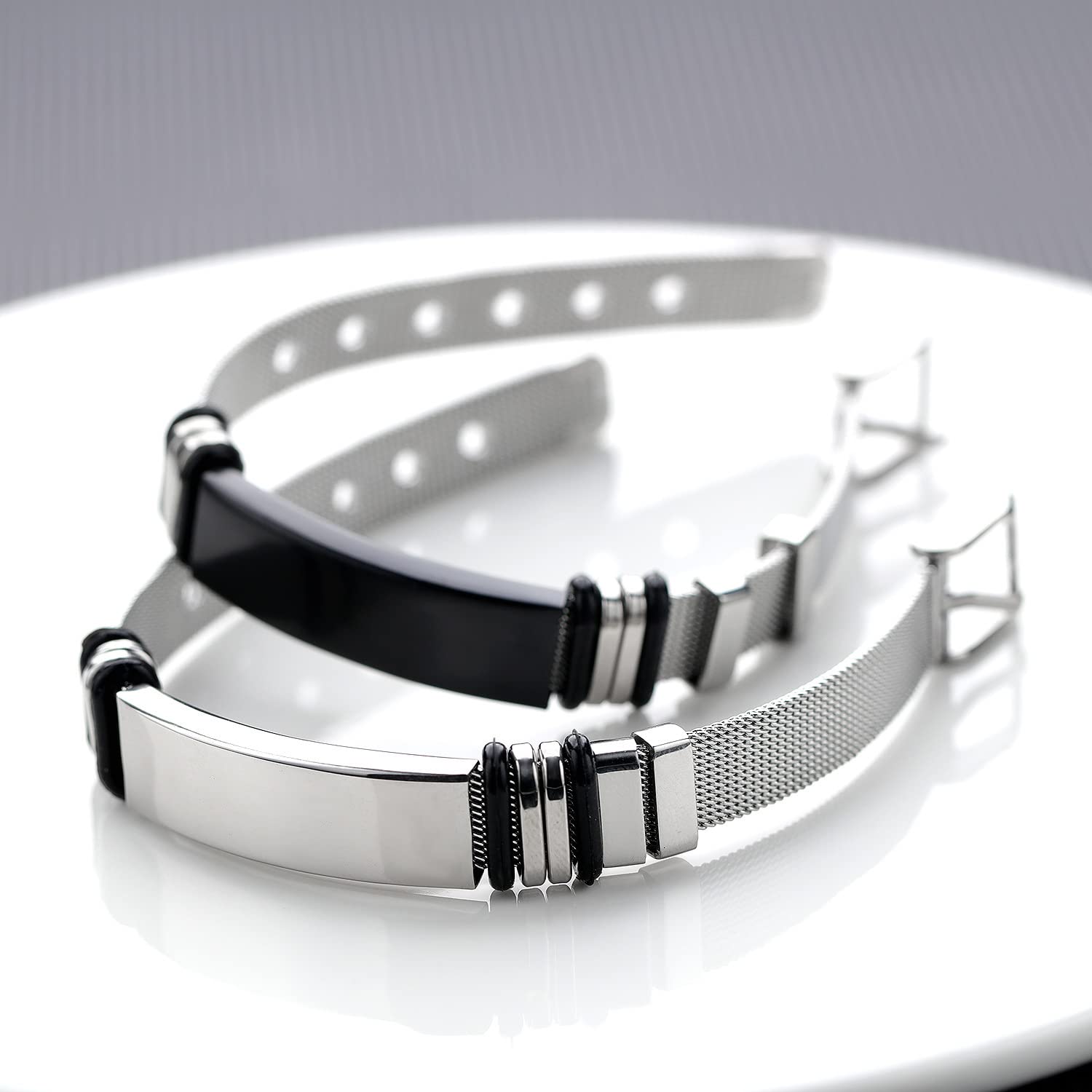 Custom Stainless Steel Couple Bracelets Set - His & Hers Matching Nameplate ID Bracelets with Mesh Band, Personalized Romantic Gift for Boyfriend Girlfriend Anniversary Valentine's Day - Perfect for Date Nights, Weddings and Couple Photos