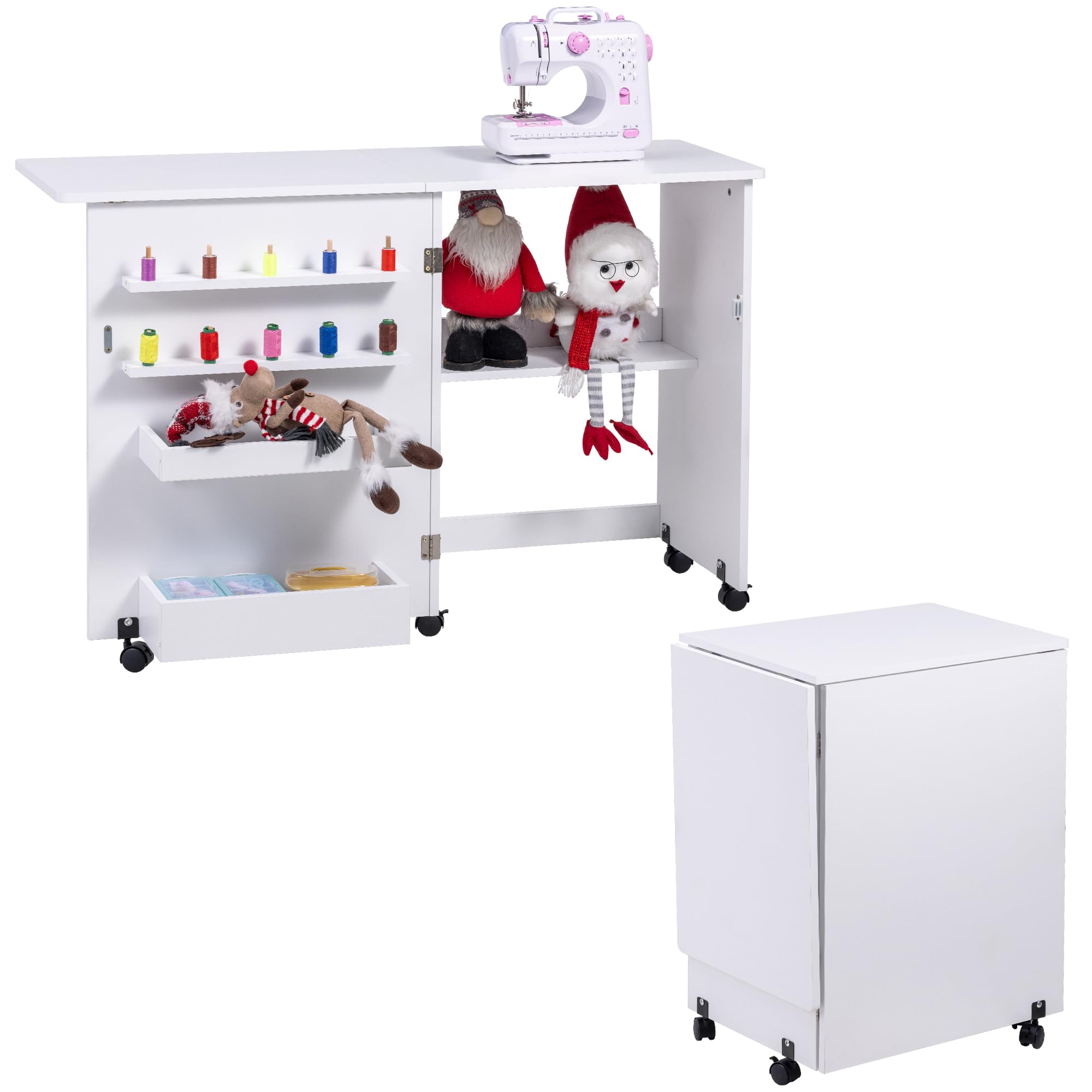 Foldable Sewing Table with Wheels & Storage - Compact Multi-Purpose Sewing Machine Table with Shelves, Bins, Pegs & Magnetic Locks (White) | Perfect for Small Spaces, Craft Rooms & Home Sewing Projects