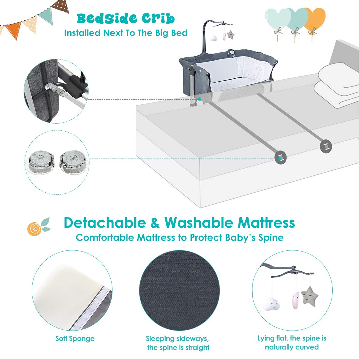 HONEY JOY Portable Foldable Baby Bedside Crib with Toy Arch, Music & Breathable Mesh - Adjustable Height Co-Sleeping Bassinet with Thick Mattress for Newborns & Infants (Dark Gray) | Perfect for Nursery, Bedroom & Travel Use