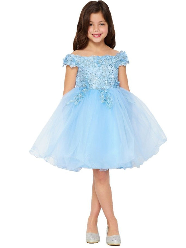 3D Floral Sequin Tulle Off Shoulder Junior Bridesmaid Dress for Big Girls - Blue, Size 8-12 | Perfect for Weddings, Prom, Quinceañera & Special Occasions