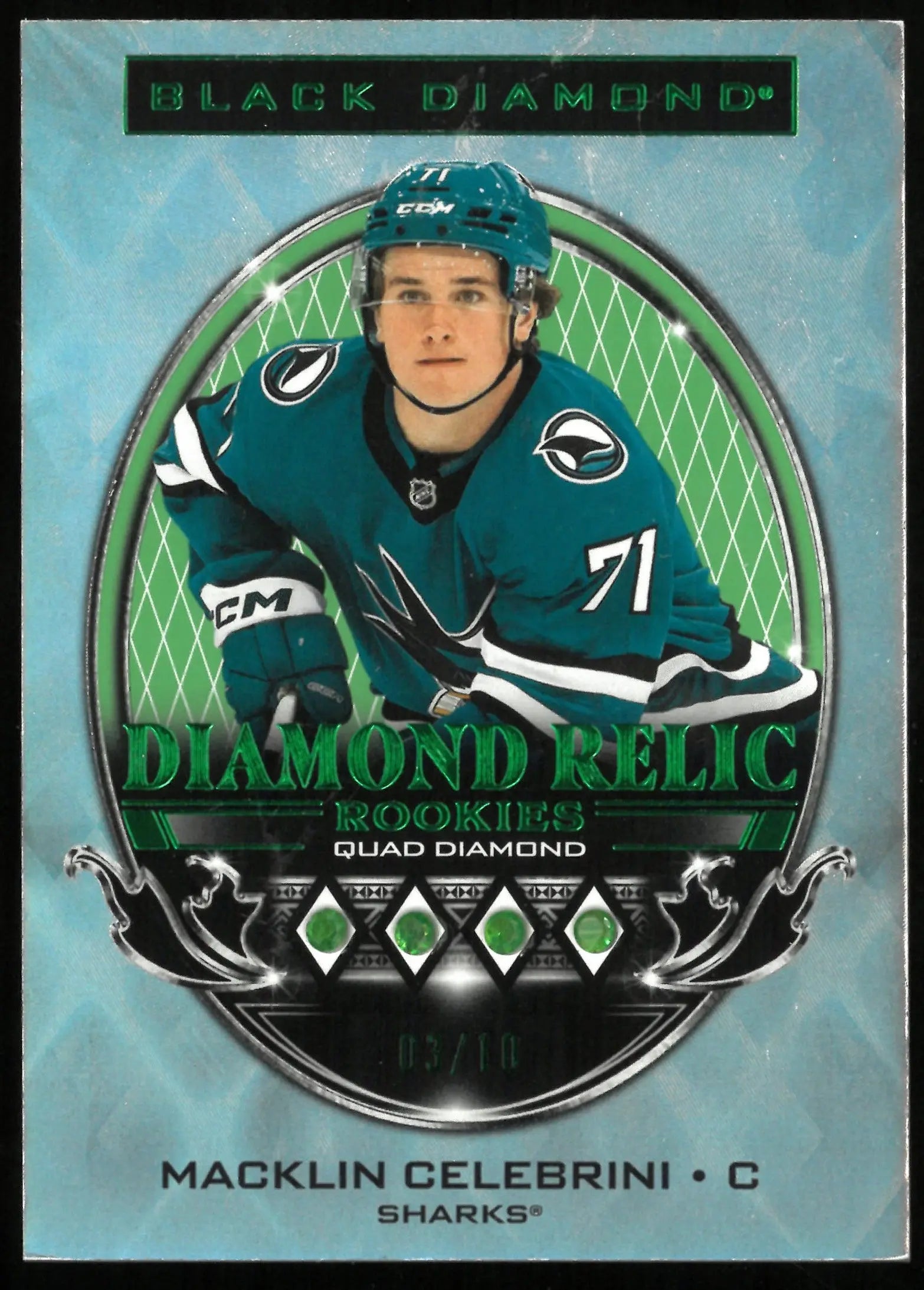 2024-25 Upper Deck Black Diamond Macklin Celebrini Rookie Card Emerald Quad Diamond Relic /10 - Perfect for Hockey Collectors & Sports Memorabilia Enthusiasts