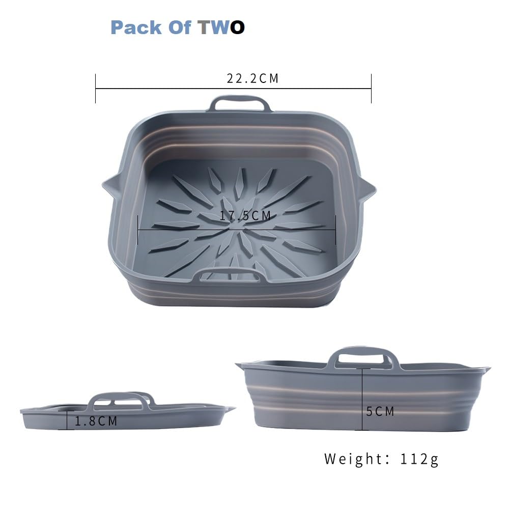 **Reusable Silicone Air Fryer Liners (2-Pack) – 8.5” Square Non-Stick Basket for 4-7 Qt Air Fryers – Heat-Resistant, Easy to Clean – Grey & Black – Perfect for Frying, Baking & Roasting**