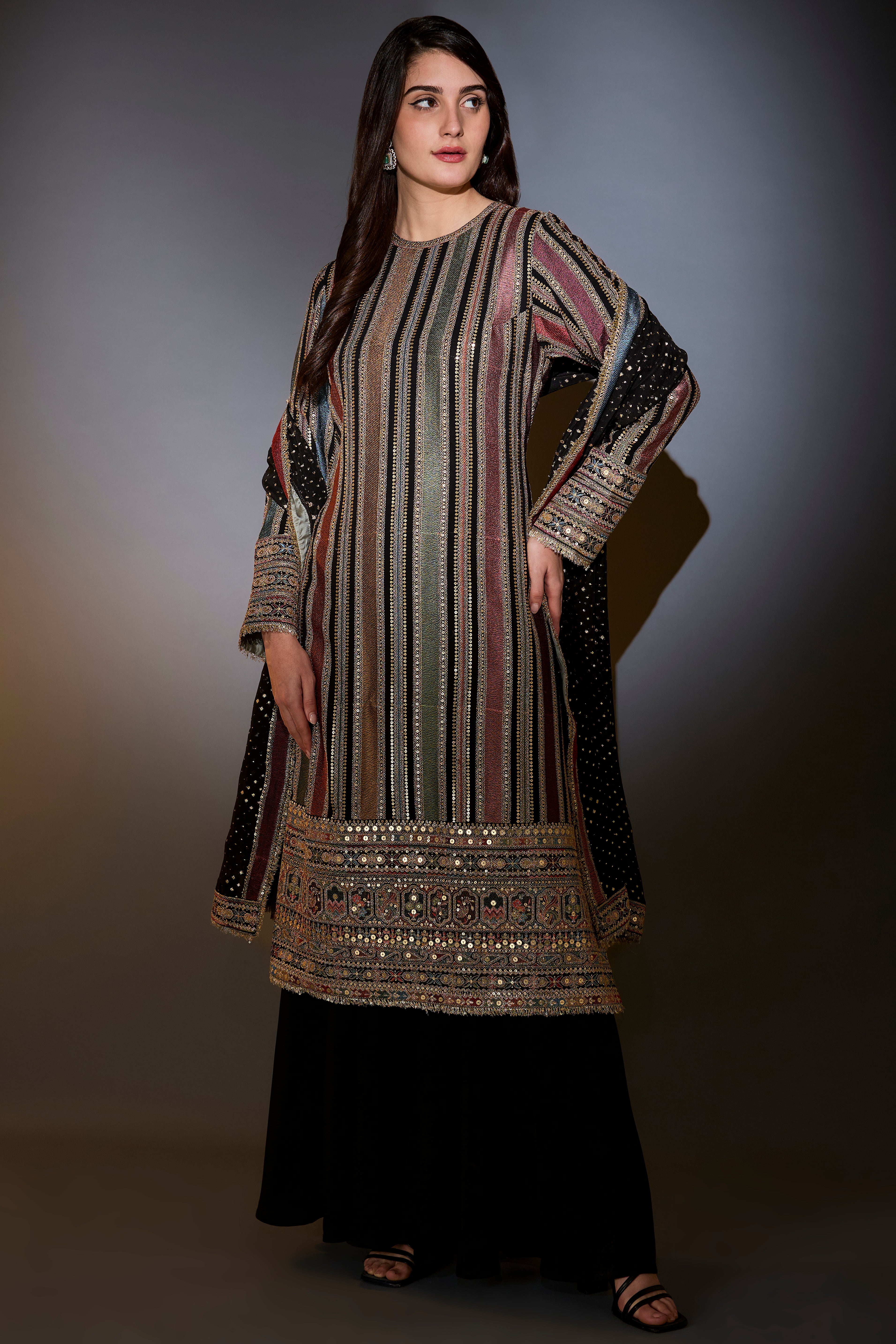 Exquisite Multi-Color Striped Suit Set with Intricate Thread & Zari Work - Matching Sharara & Dupatta - Perfect for Weddings, Festivals & Special Occasions