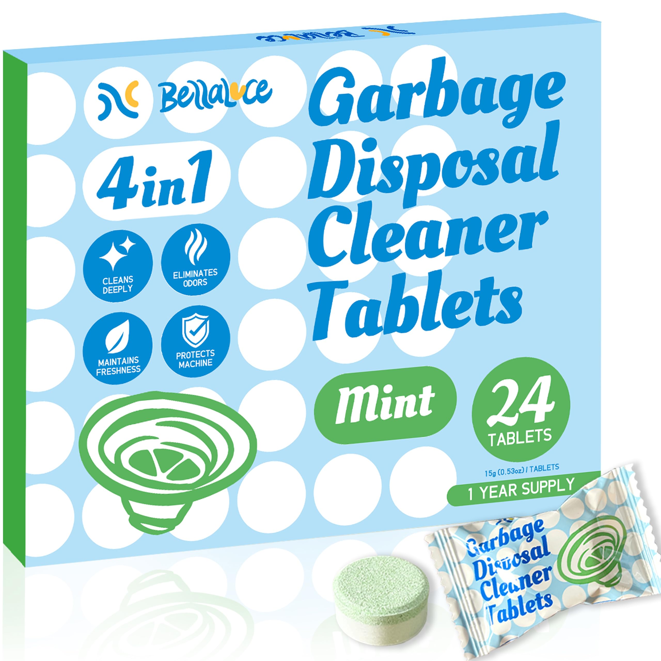 **24 Pack Garbage Disposal Cleaner Tablets - Deep Cleaning, Deodorizing & Descaling - Heavy Duty Grease, Grime & Limescale Remover - Mint Foaming Freshener for Kitchen Sink (1 Year Supply) - Eliminates Odors & Keeps Disposal Fresh**