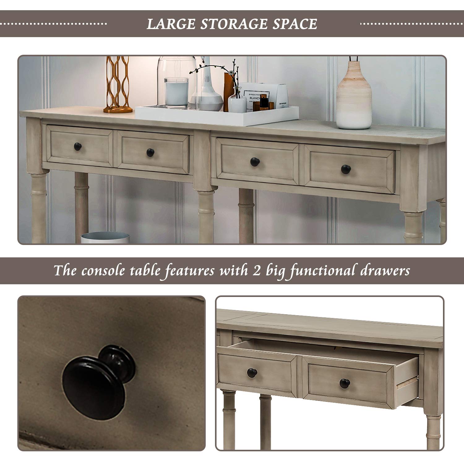 Rustic Gray Wash Wood Console Table with 2 Storage Drawers & Bottom Shelf - Entryway Sofa Table for Living Room, Hallway | Easy Assembly Home Decor for Farmhouse, Apartment & Office Spaces