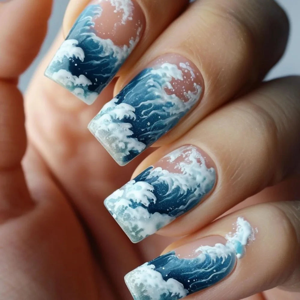 24Pcs Long Blue Fake Press on Nails with Jelly Glue - Full Cover Acrylic Nails in Ocean Sunrise Design - Detachable Fashion Manicure for Women - Perfect for Parties, Weddings & Daily Wear
