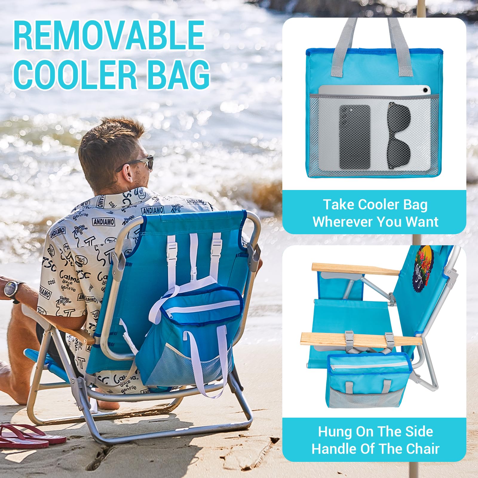 WEJOY 4-Position Adjustable Beach Chair for Adults - Portable Backpack Folding Chair with Wooden Armrest, Lightweight Aluminum Frame & Back Pocket - Perfect for Beach, Pool, Camping, Patio & Backyard Relaxation (Blue)