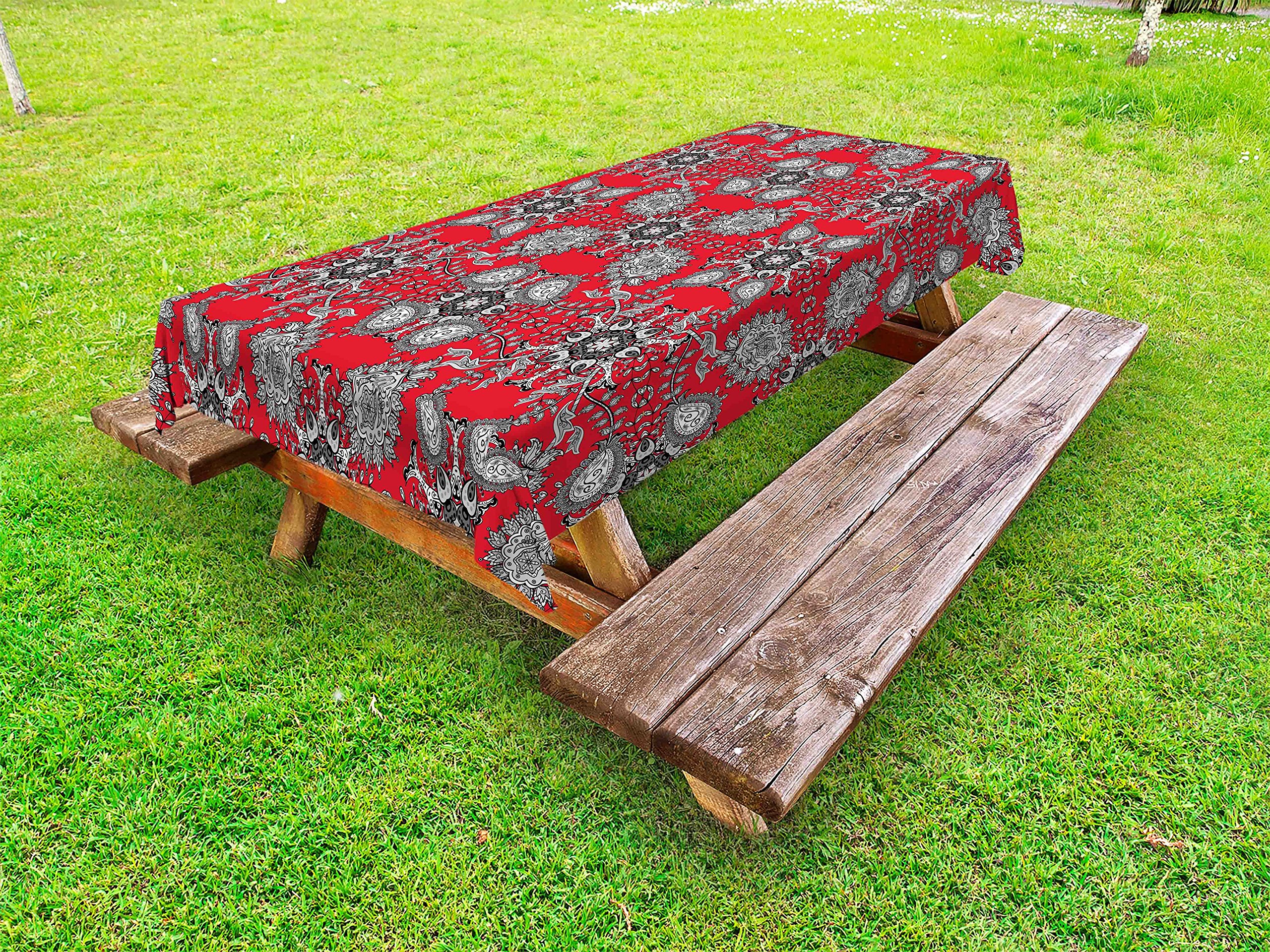 Ambesonne Red Mandala Outdoor Tablecloth - Doodle Mandala Flower Ivy Swirls Classic Paisley Design - Washable Picnic Table Cover 58