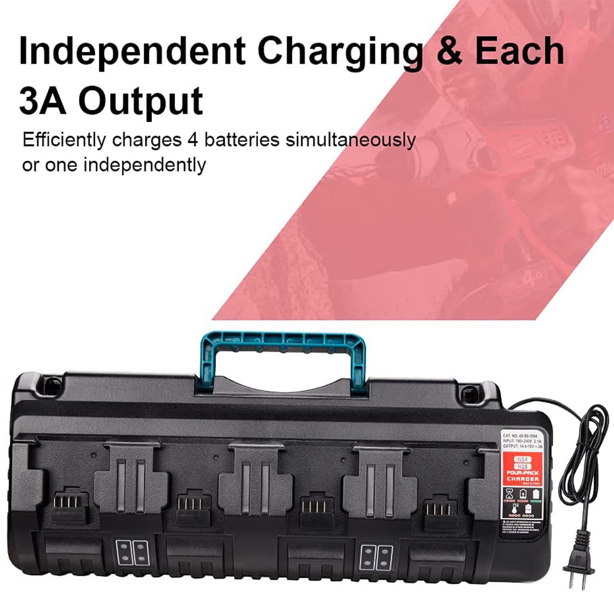 Taingwei N18 4-Port Fast Battery Charger Station - Compatible with Milwaukee 18V Lithium-Ion Batteries & Power Tools - Perfect for Workshop, Job Site & Home DIY Projects
